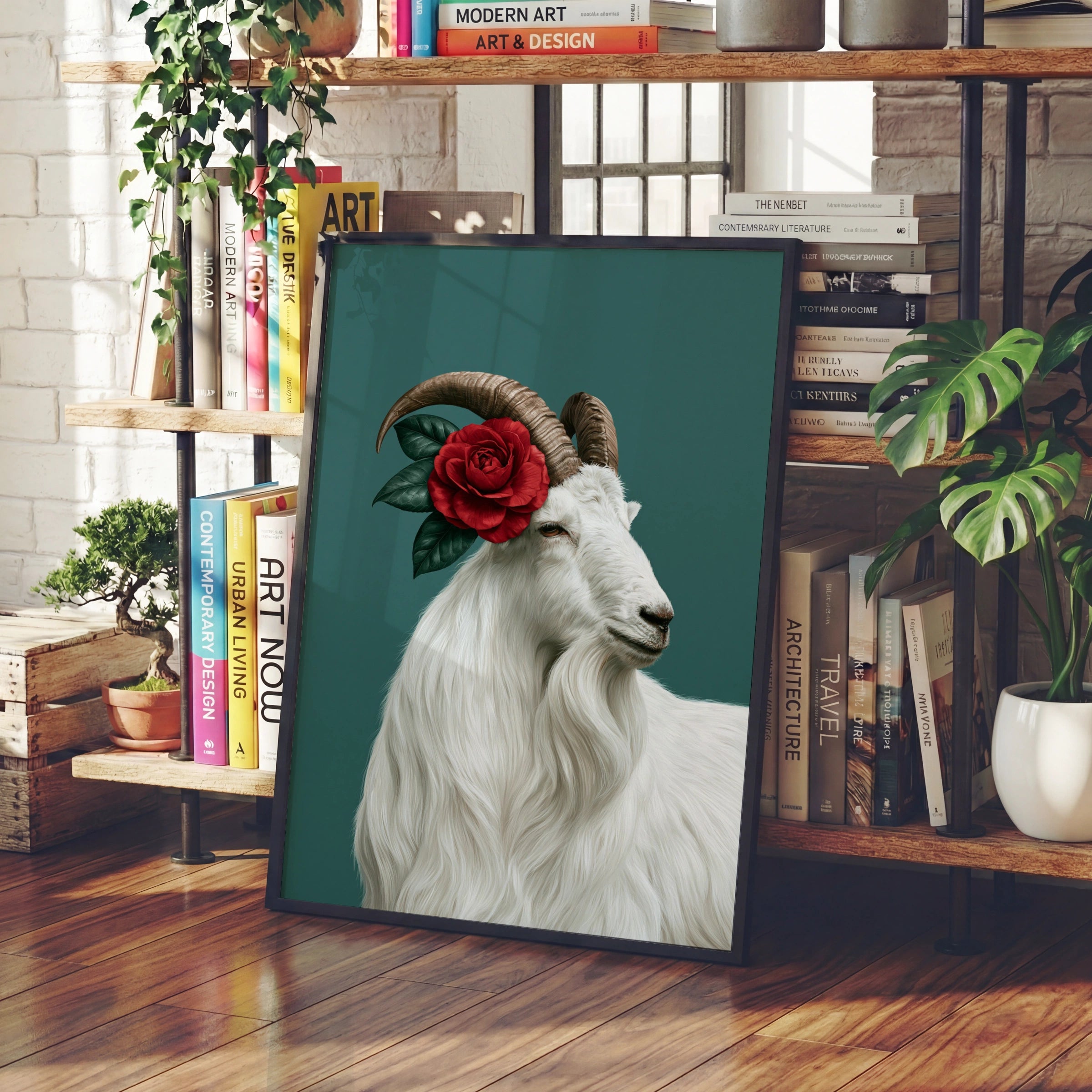 White Goat Red Rose Poster, Floral Animal Portrait Print, Teal Botanical Art