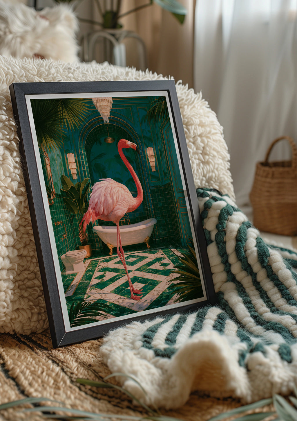Flamingo Green Bathroom Poster, Pink Bird Tropical Art Deco Print