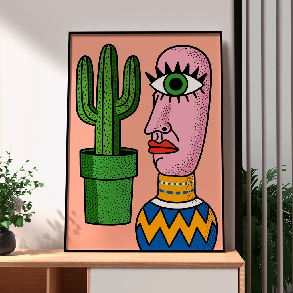 Cyclops Cactus Vase Wall Art Poster, Bold Surreal Illustration Print