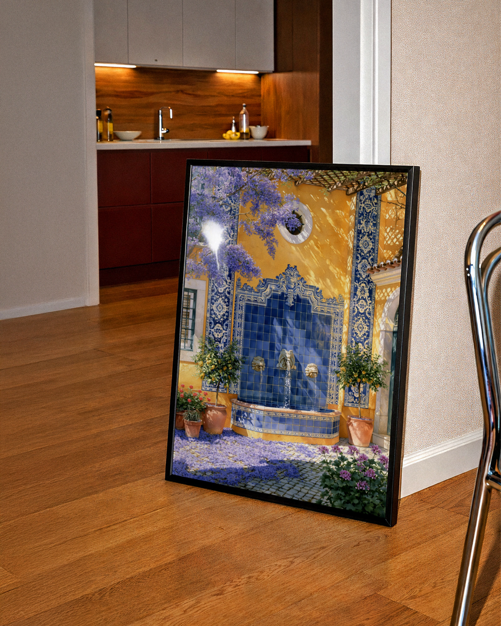 Portuguese Courtyard Fountain Wall Art Poster, Azulejo Tile Blue Yellow Print