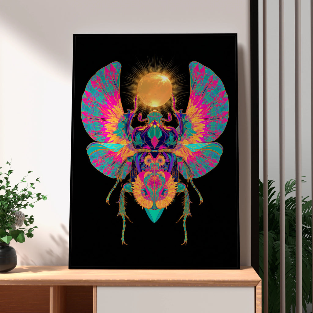 Egyptian Scarab Beetle Poster, Neon Sun Art, Psychedelic Wall Print