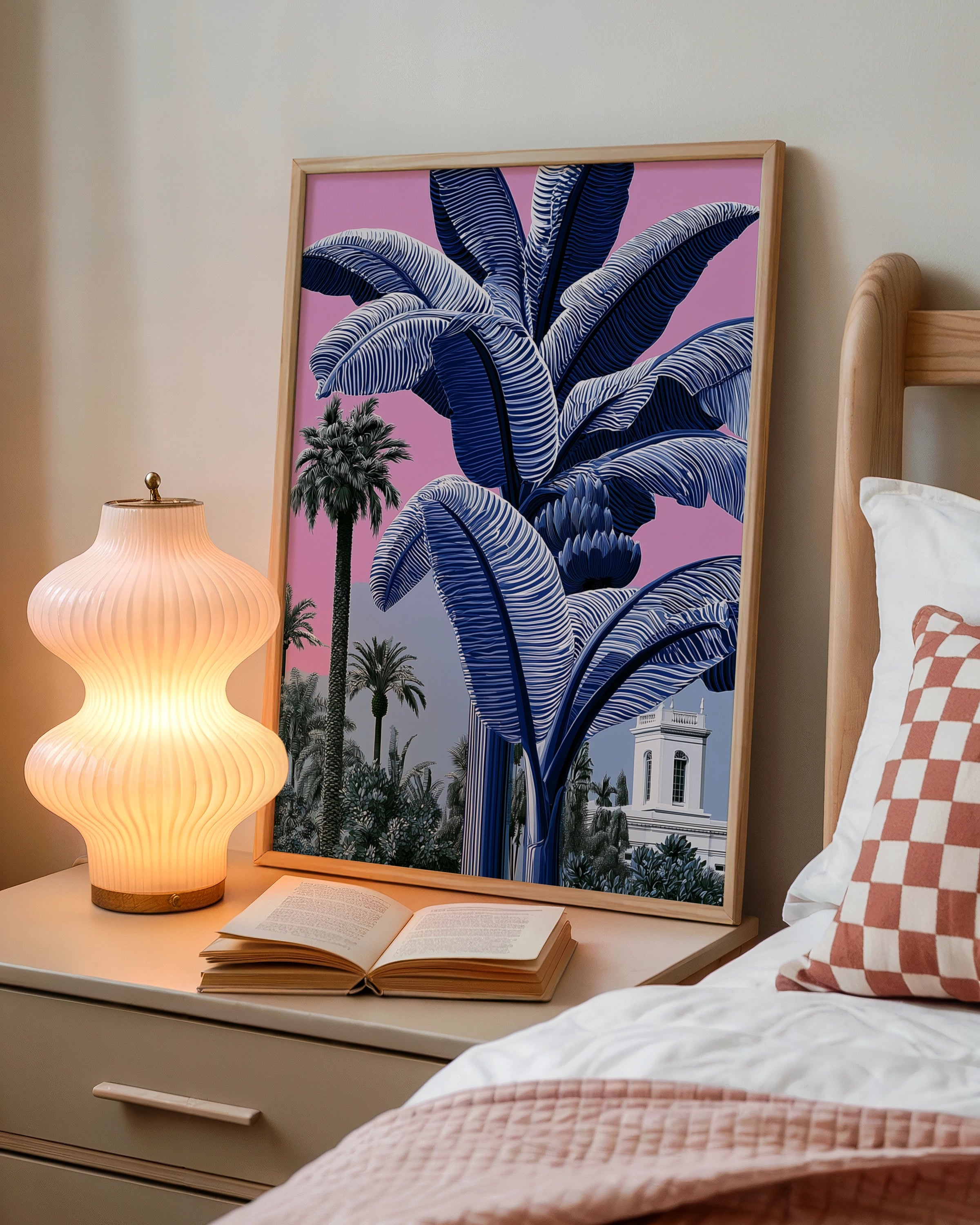 Blue Banana Tree Poster, Tropical Palm Pink Sky, Bold Botanical Wall Art