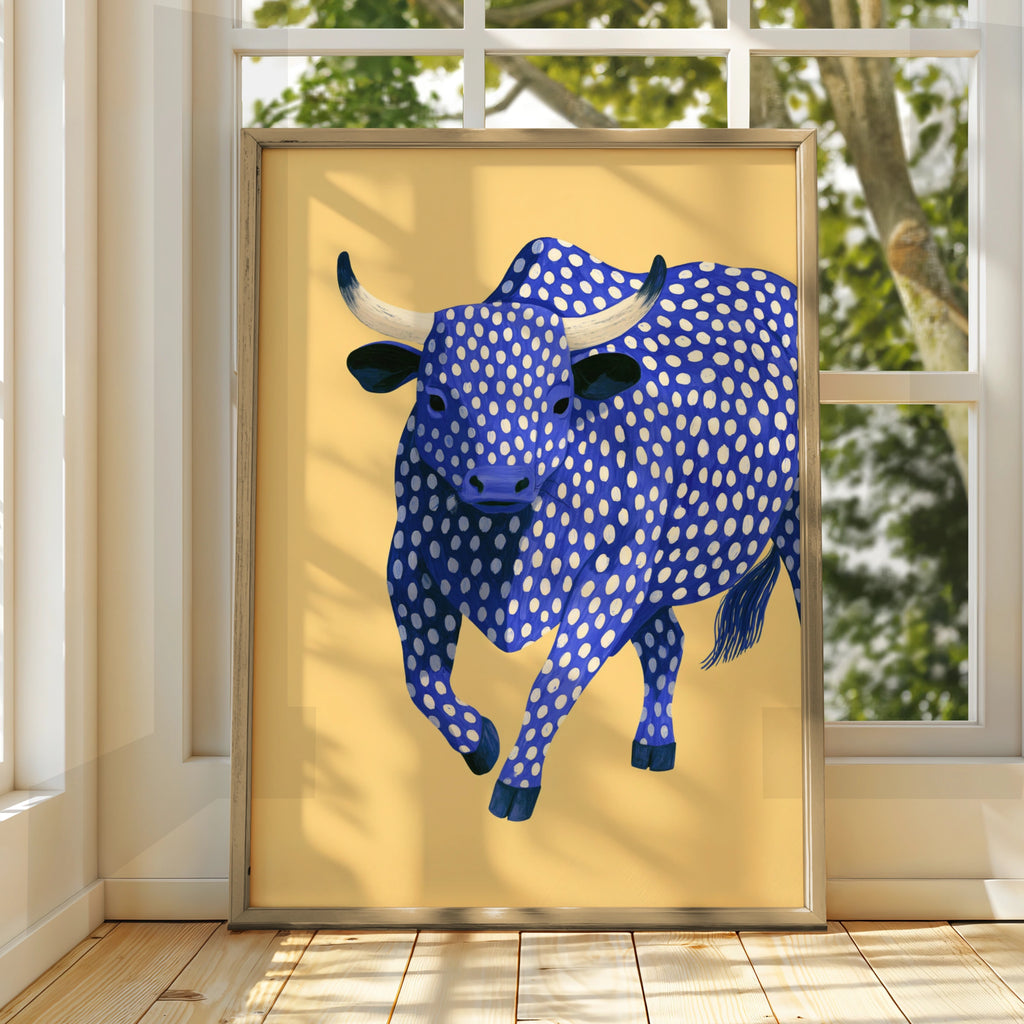 Blue Polka Dot Bull Poster, Bold Animal Wall Art, Quirky Modern Print