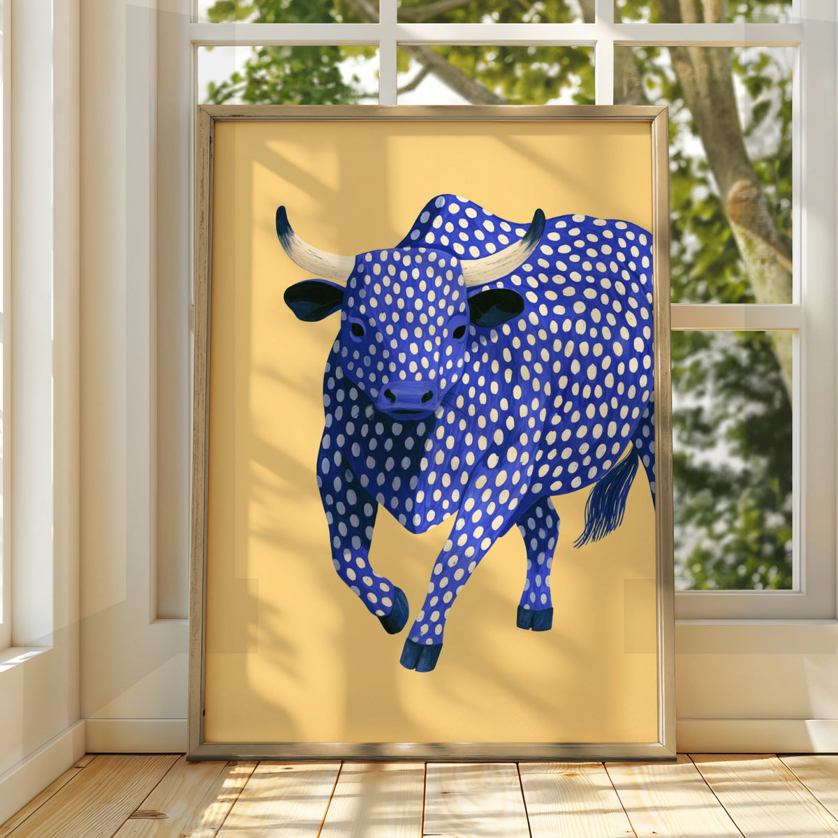Blue Polka Dot Bull Poster, Bold Animal Wall Art, Quirky Modern Print