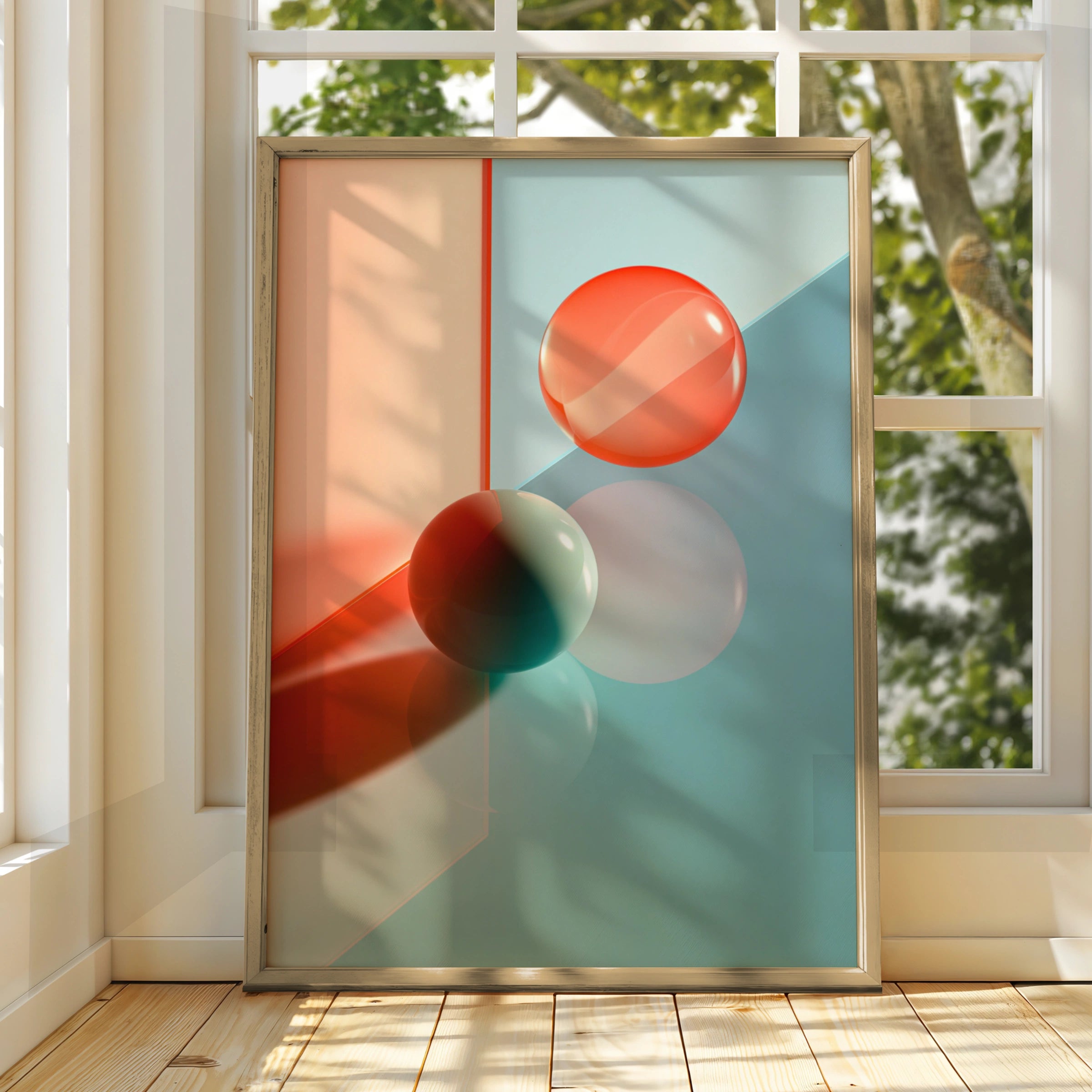 Abstract 3D Shapes Poster, Coral Teal Geometric Spheres, Modern Wall Art Print