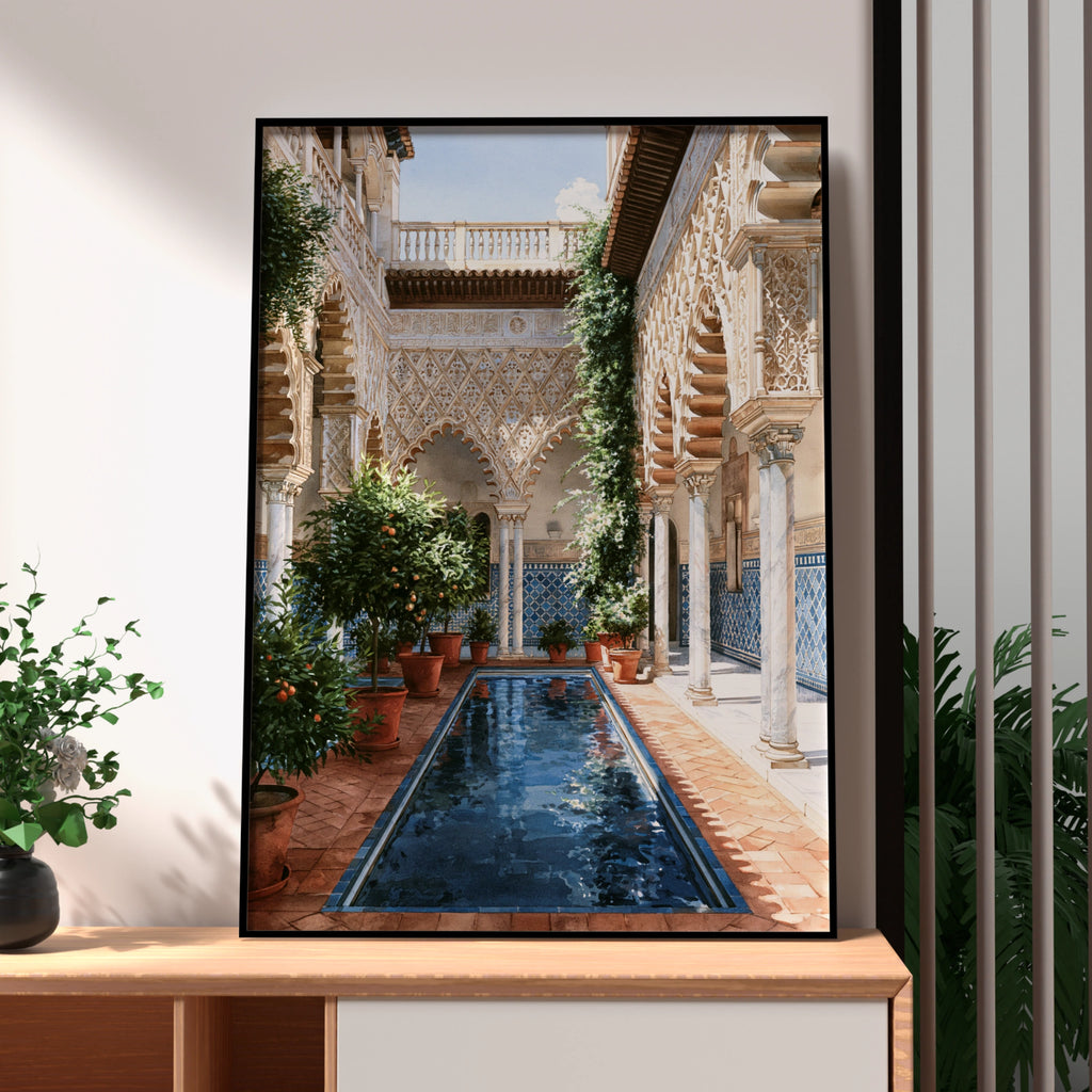 Andalusian Patio Wall Art Poster, Spanish Courtyard, Moorish Architecture Print