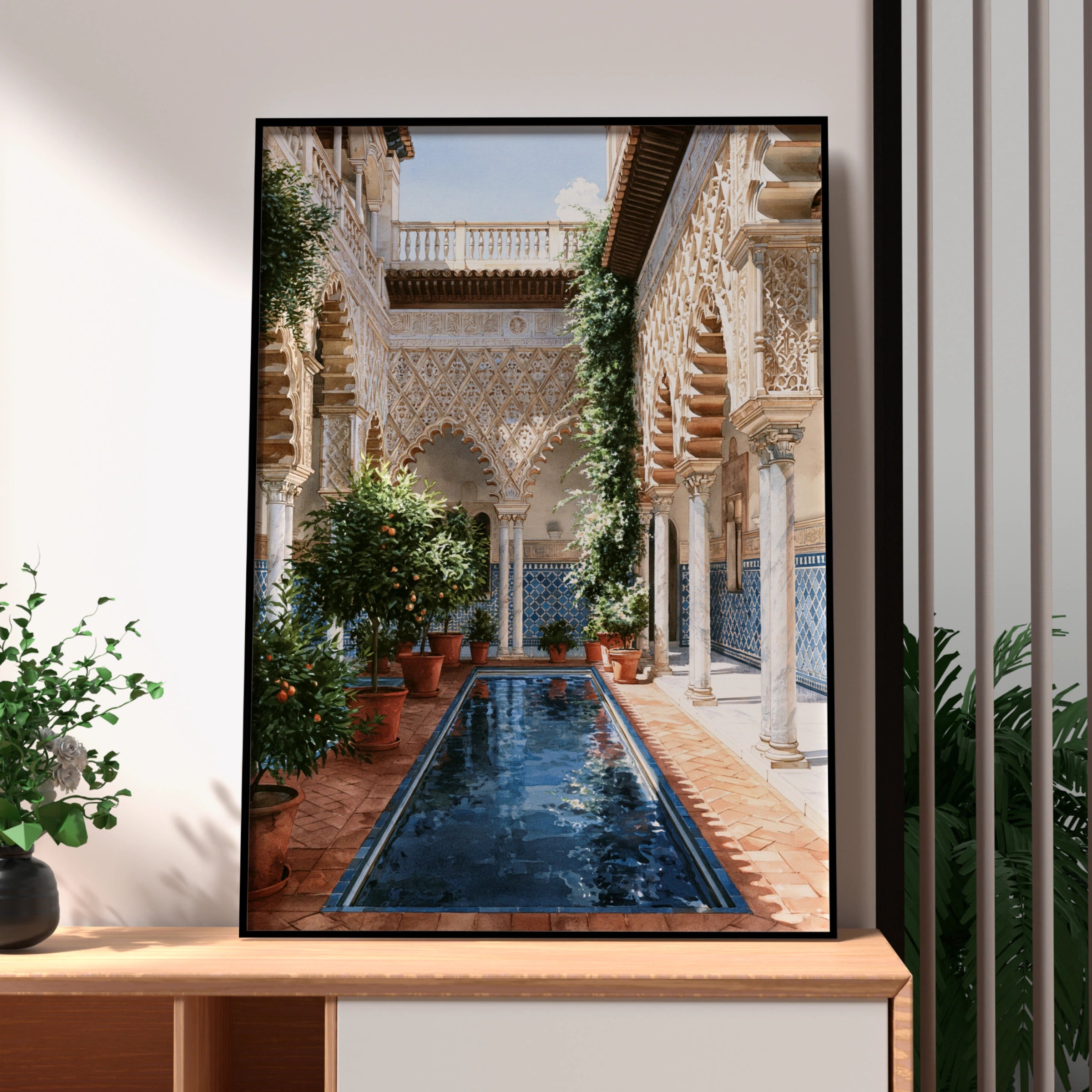 Andalusian Patio Wall Art Poster, Spanish Courtyard, Moorish Architecture Print