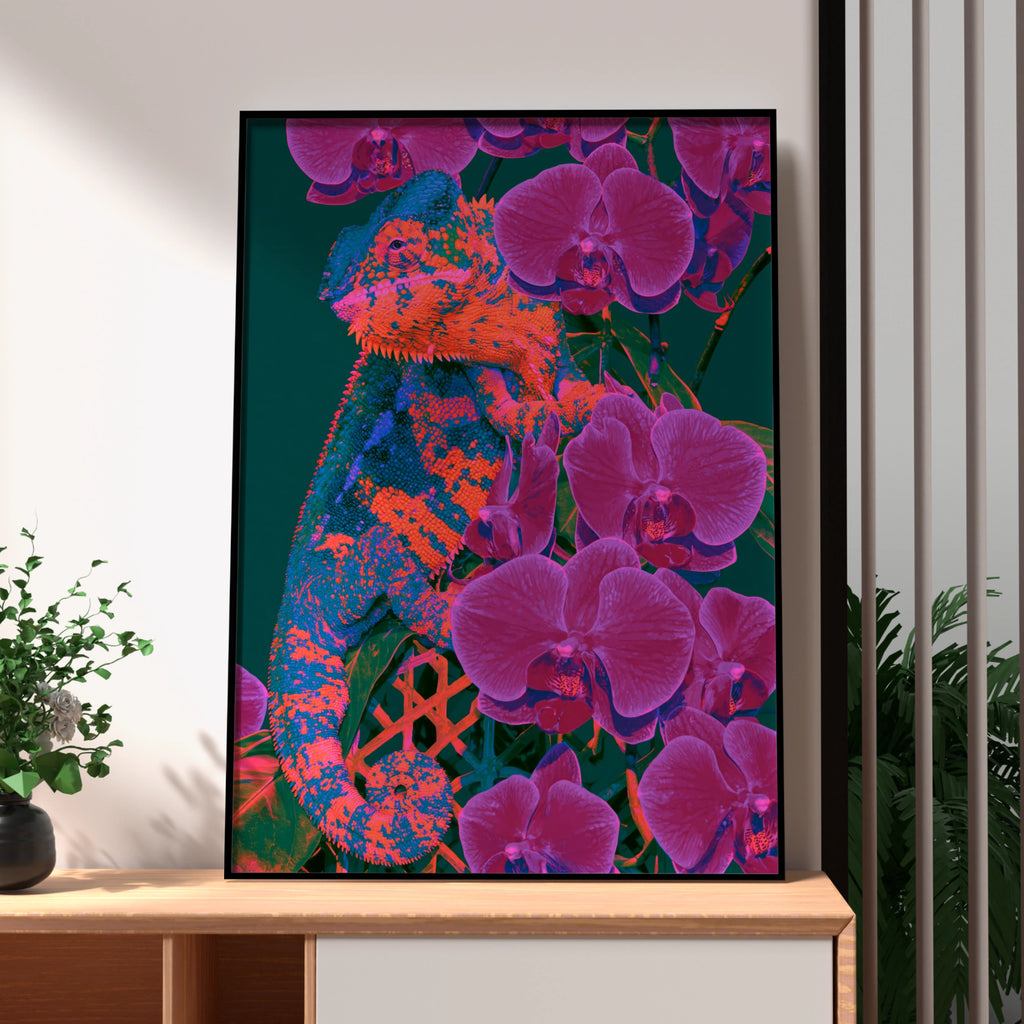 Chameleon Orchid Poster, Bold Orange Purple Tropical Wall Art, Neon Wildlife Print