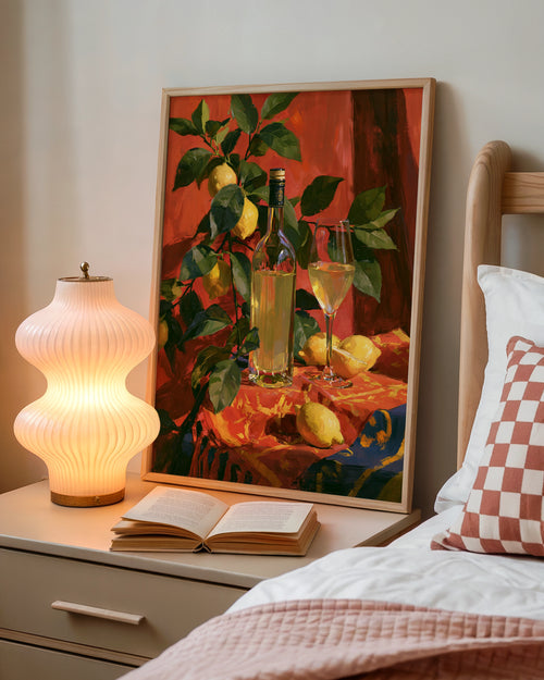 Limoncello Still Life Poster, Lemon Tree Red Table, Italian Oil Painting Style