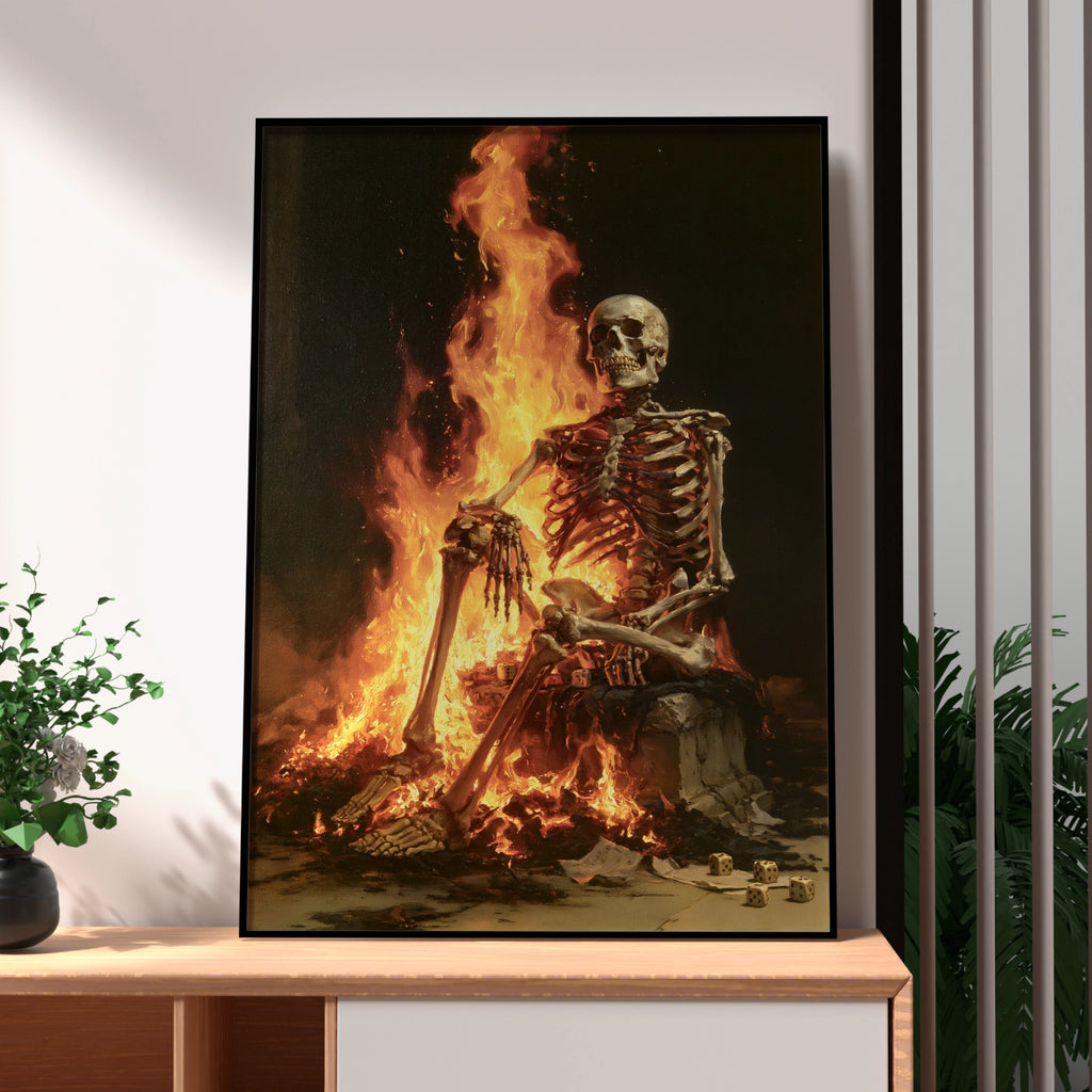 Skeleton Fire Dice Poster, Dark Gothic Wall Art, Oil Painting Style Print