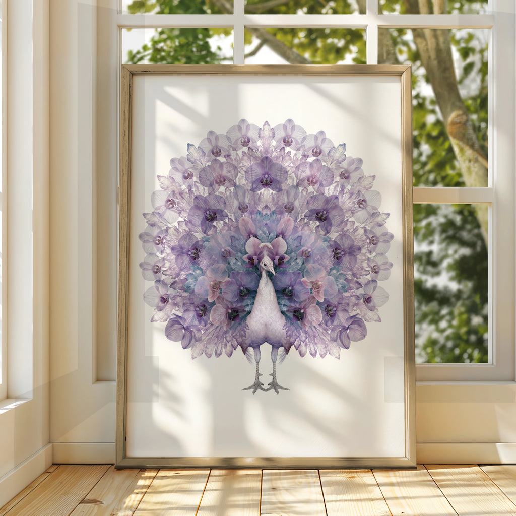 Purple Peacock Floral Poster, Orchid Crystal Fan Art Print, Botanical Bird Wall Art