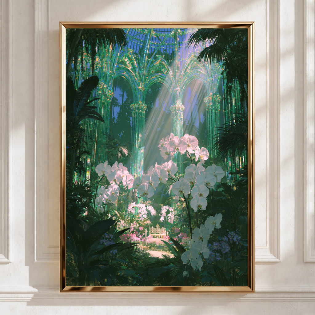 Emerald Glasshouse Orchids Poster, Botanical Fantasy Art Print, Victorian Greenhouse