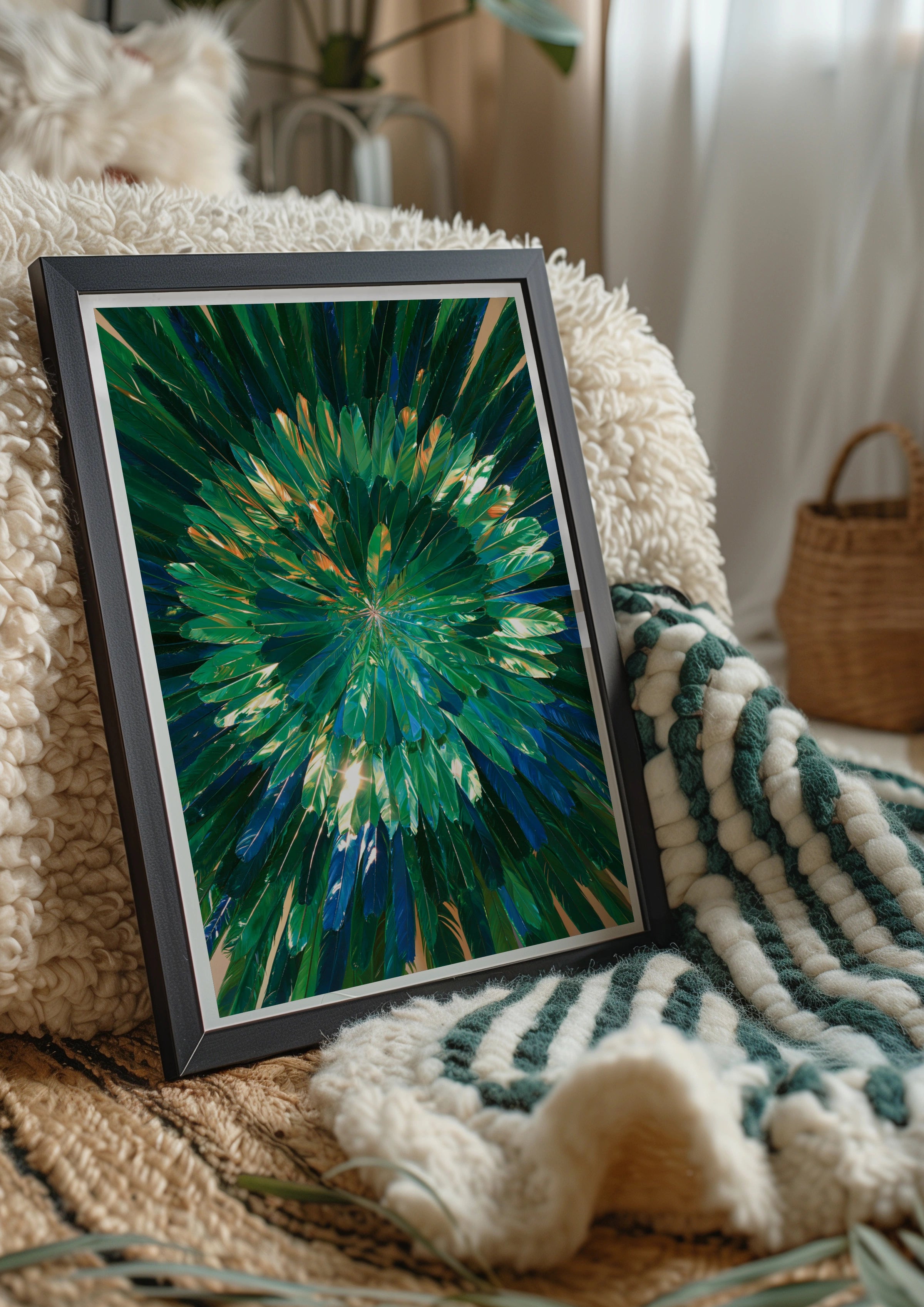 Green Feathers Burst Wall Art Poster, Iridescent Radial Nature Print