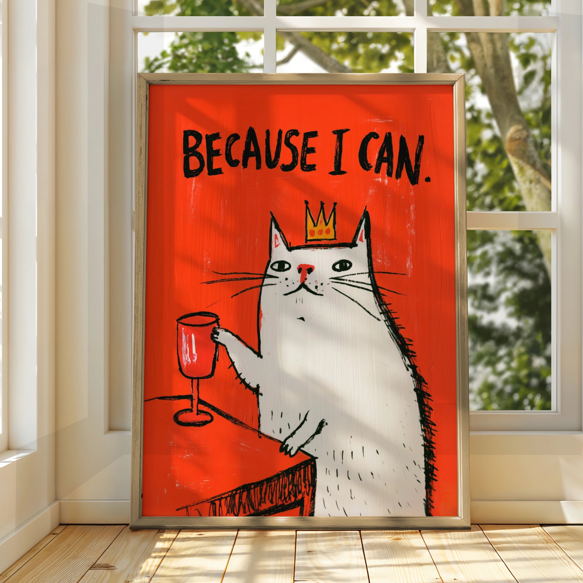 Because I Can Cat Poster, Funny Cat Wall Art, Bold Red Illustration Print