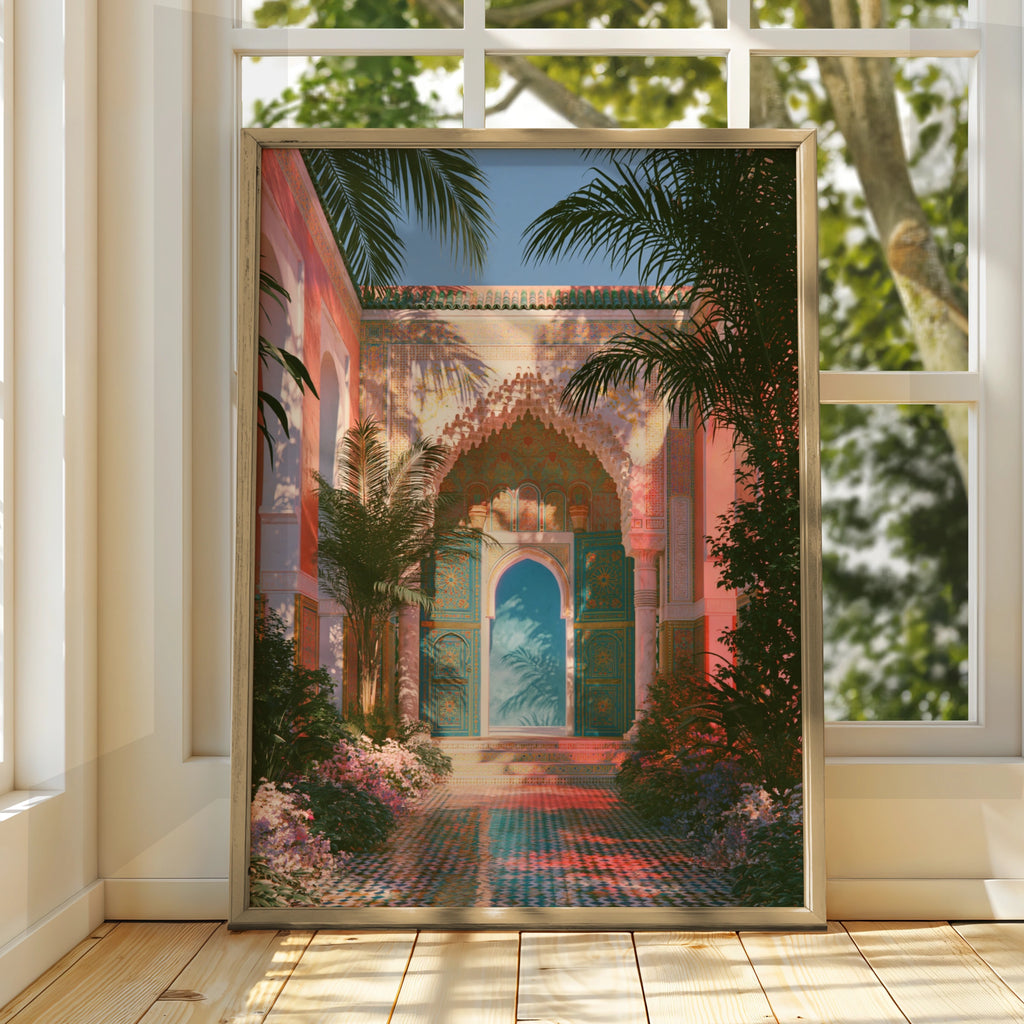 Moroccan Courtyard Tiles Art Print, Marrakech Arch Poster, Boho Travel Wall Art