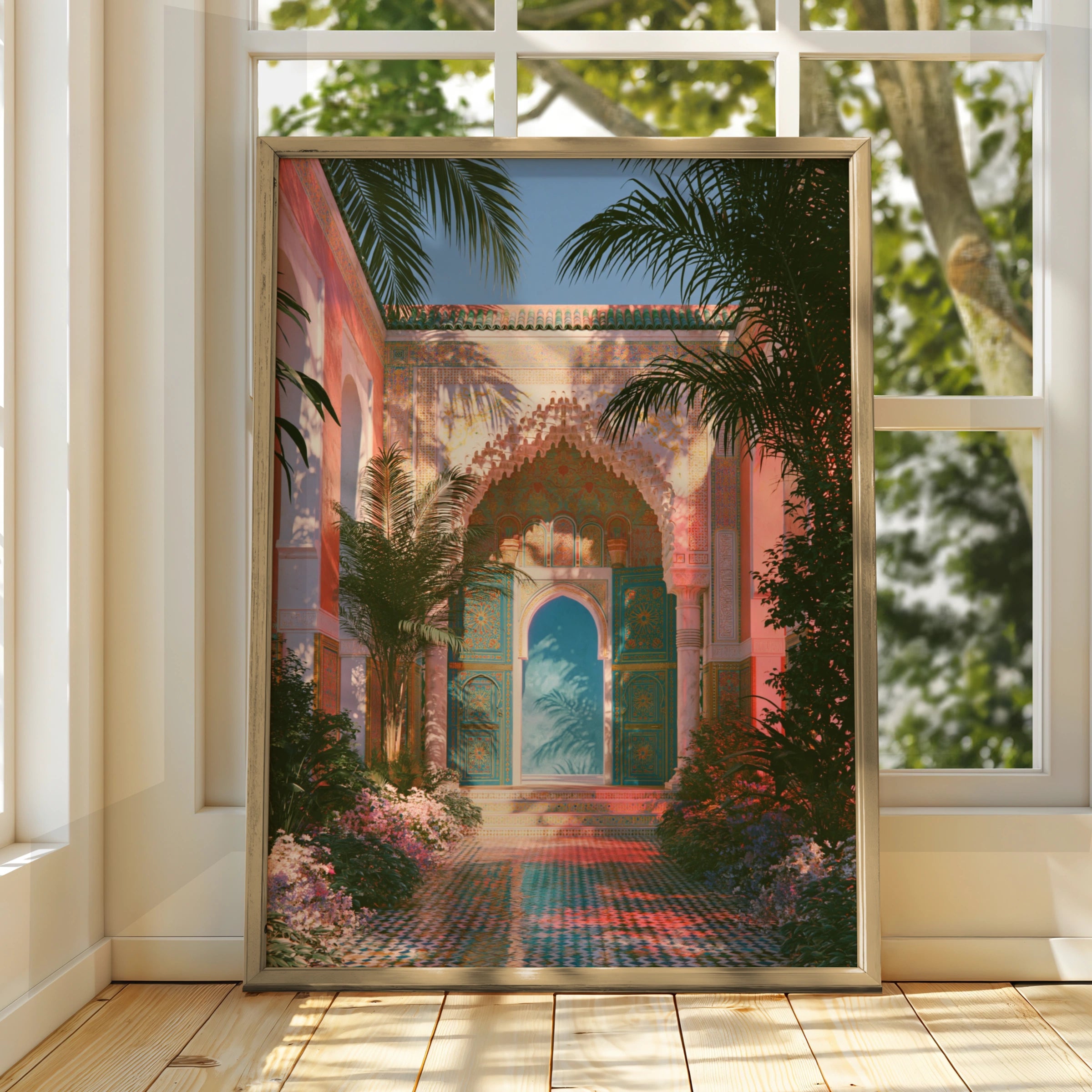 Moroccan Courtyard Tiles Art Print, Marrakech Arch Poster, Boho Travel Wall Art