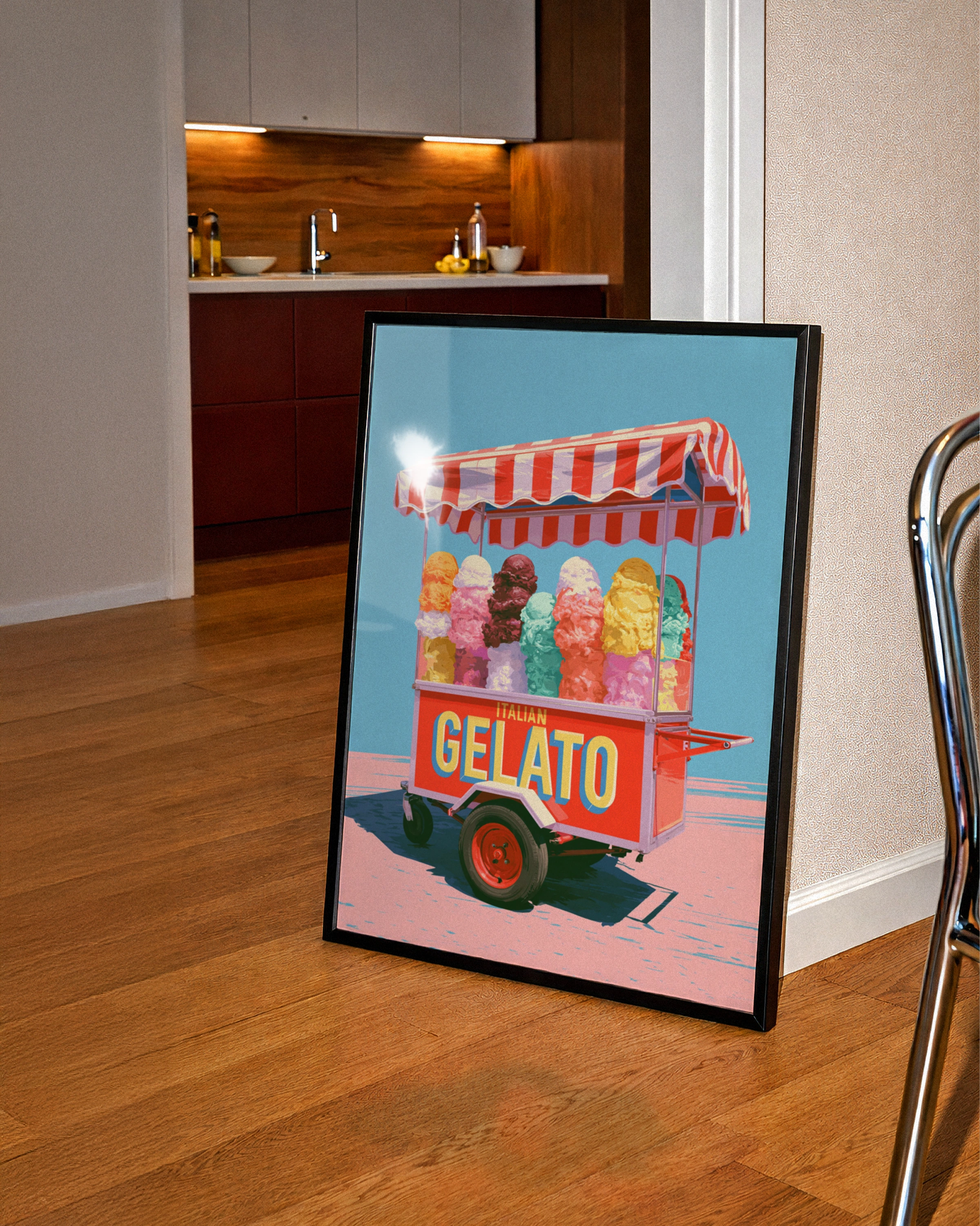 Italian Gelato Cart Poster, Retro Ice Cream Print, Colourful Kitchen Wall Art