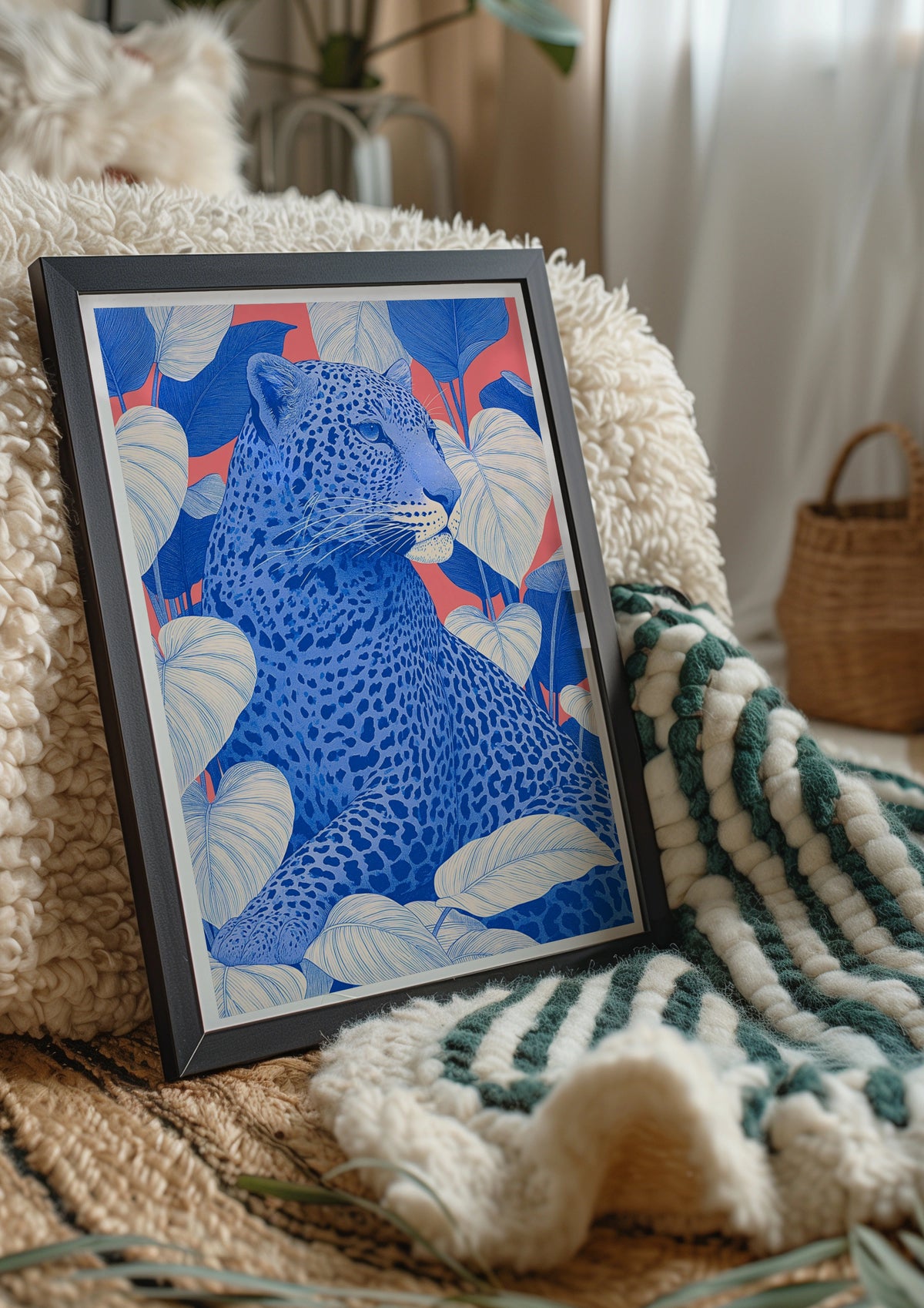 Blue Leopard Tropical Leaves Poster, Bold Pink Wildlife Wall Art Print