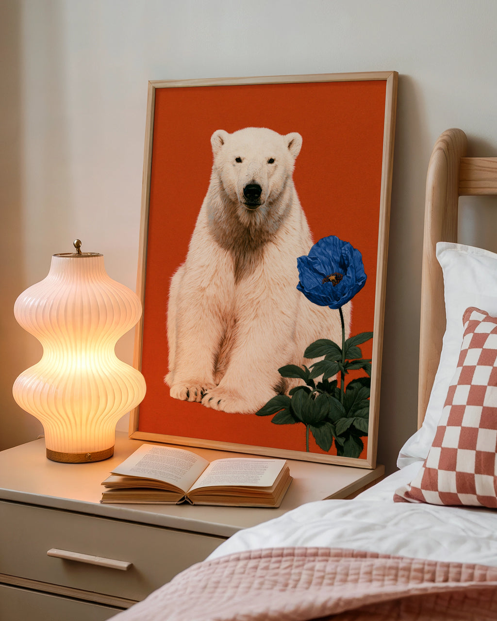 Polar Bear Blue Flower Poster, Bold Red Wildlife Wall Art Print