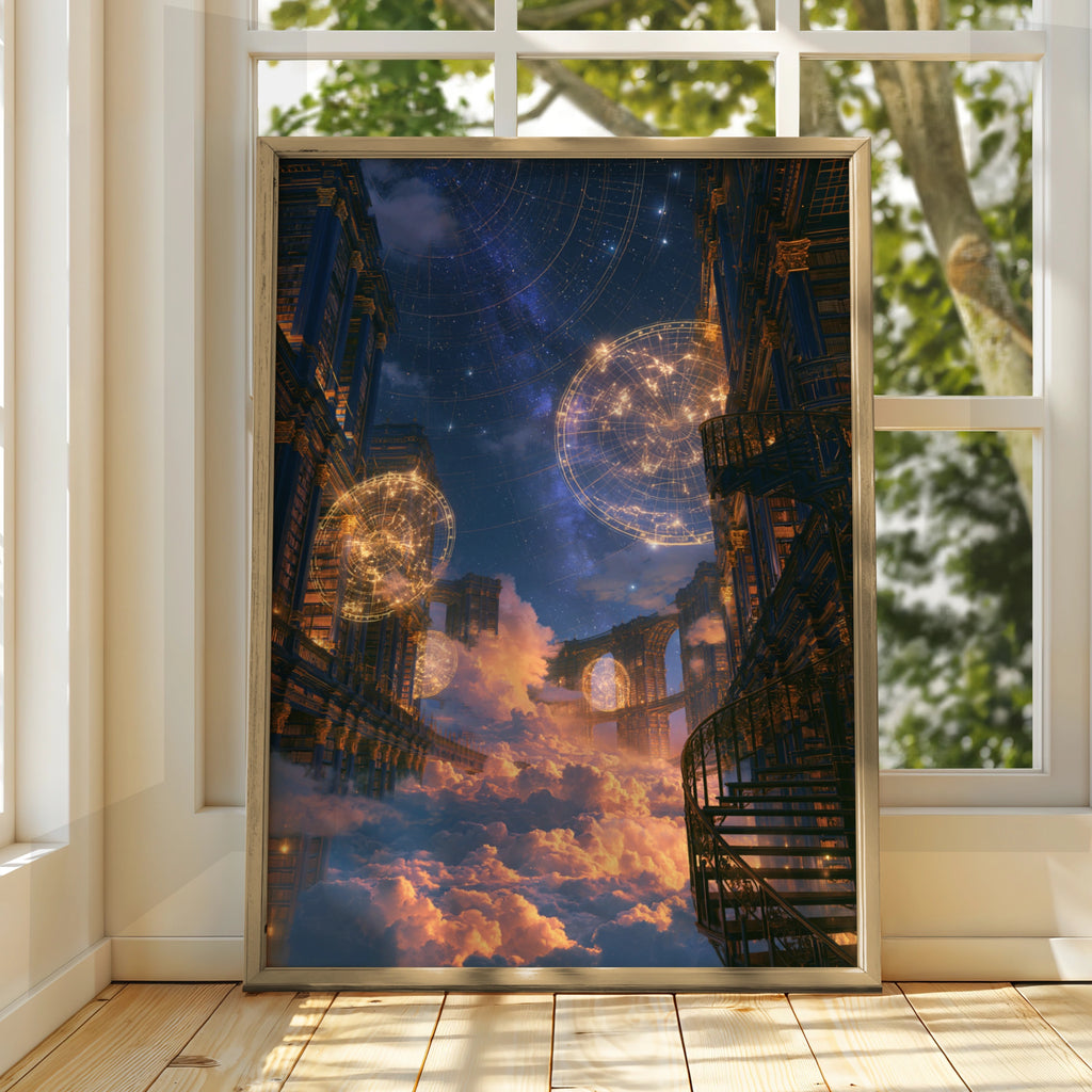 Celestial Library Sky City Poster, Fantasy Architecture Art Print, Starry Night