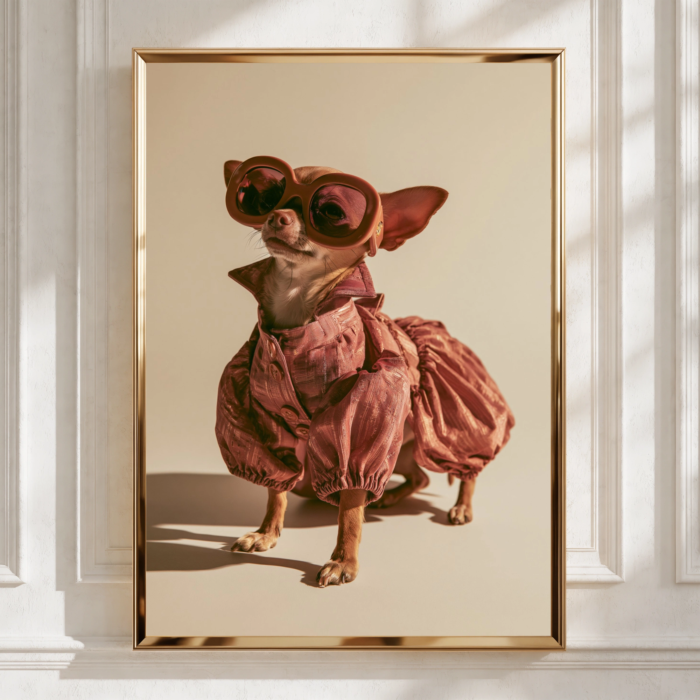 Chihuahua in Dress & Glasses Poster, Funny Fashionable Dog Wall Art Print