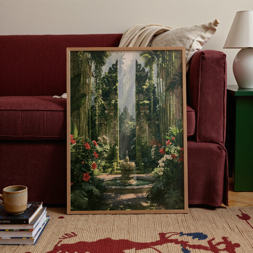 Balinese Candi Bentar Temple Gate Poster, Tropical Garden Wall Art Print