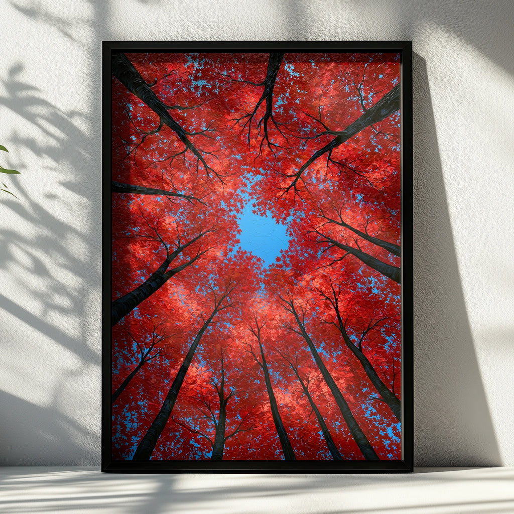 Red Autumn Trees Looking Up, Forest Canopy Wall Art Poster, Bold Nature Print