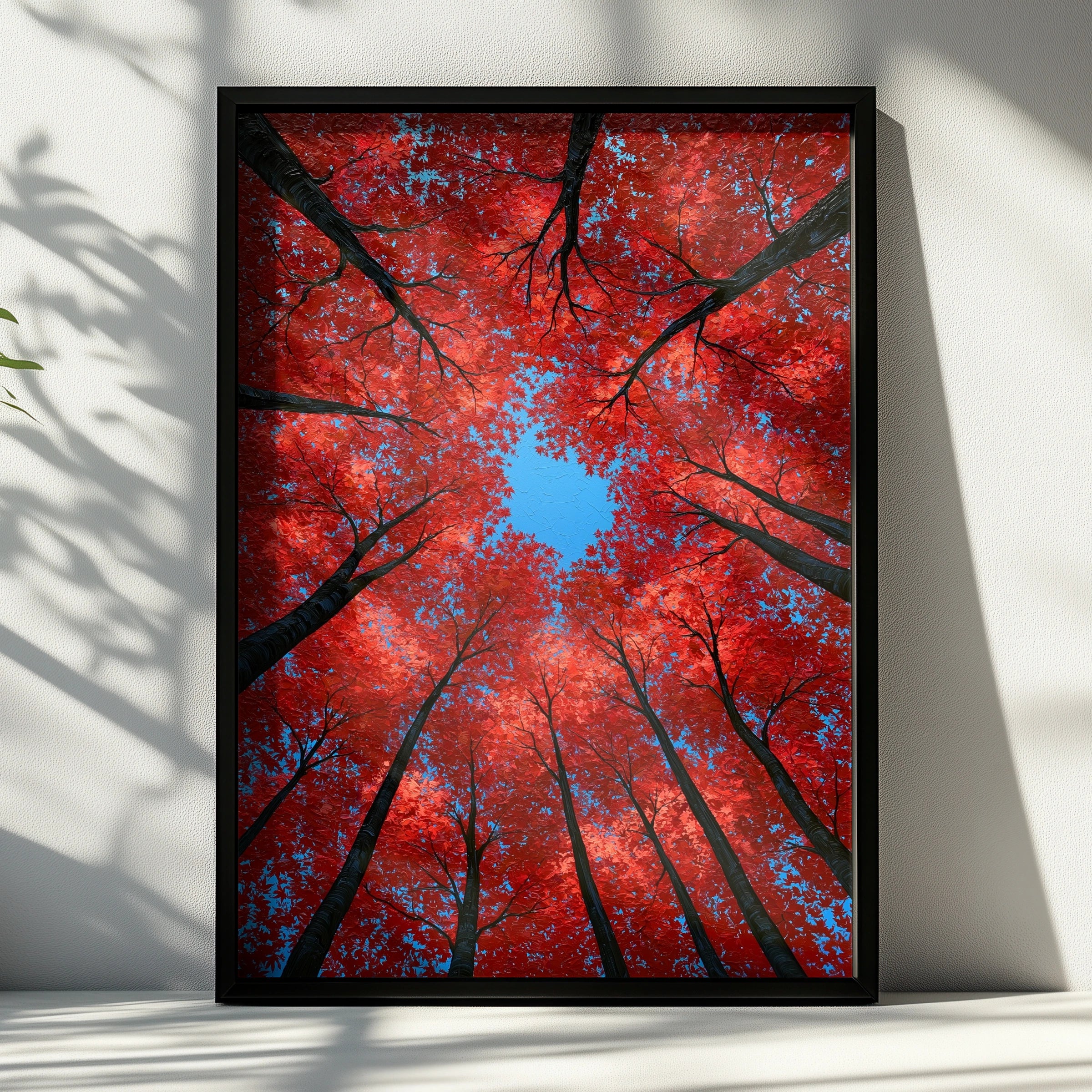 Red Autumn Trees Looking Up, Forest Canopy Wall Art Poster, Bold Nature Print