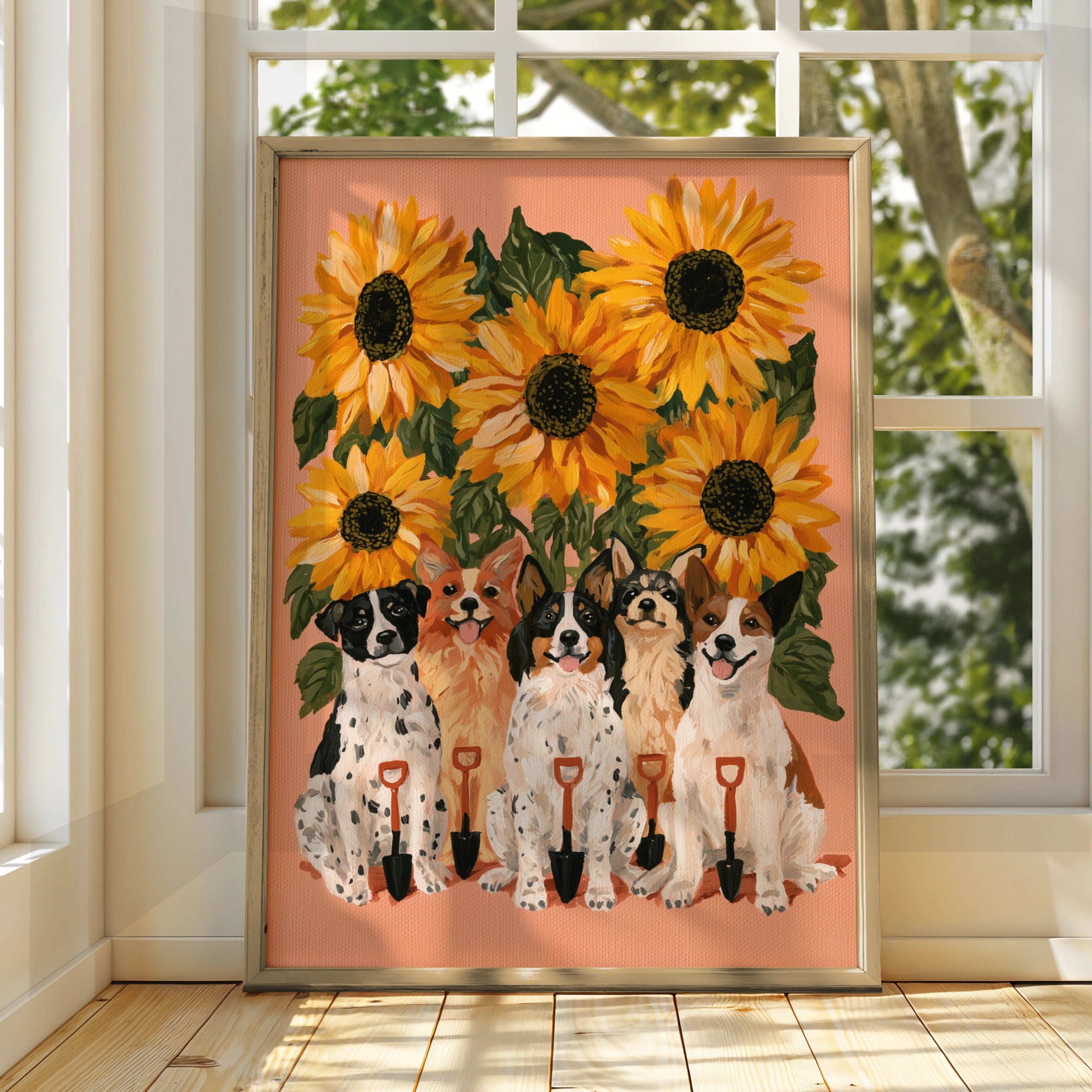 Dogs & Sunflowers Poster, Cute Dog Art Print, Floral Wall Art, Illustrated