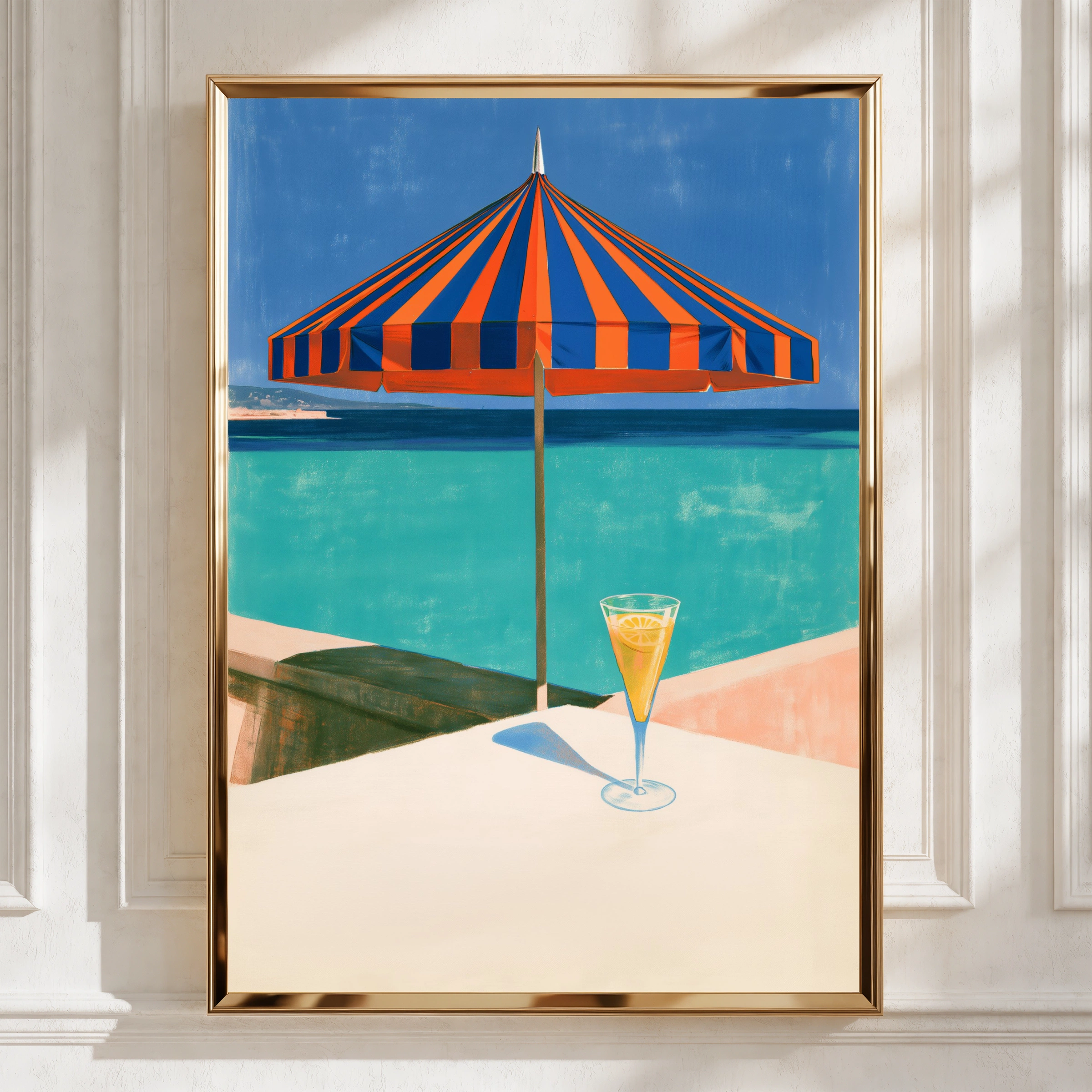 Beach Parasol Cocktail Ocean View Poster, Striped Umbrella, Retro Summer Print