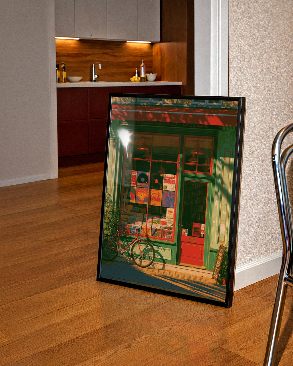 Record Store Poster, Vinyl Shop Street Scene, Retro Music Wall Art