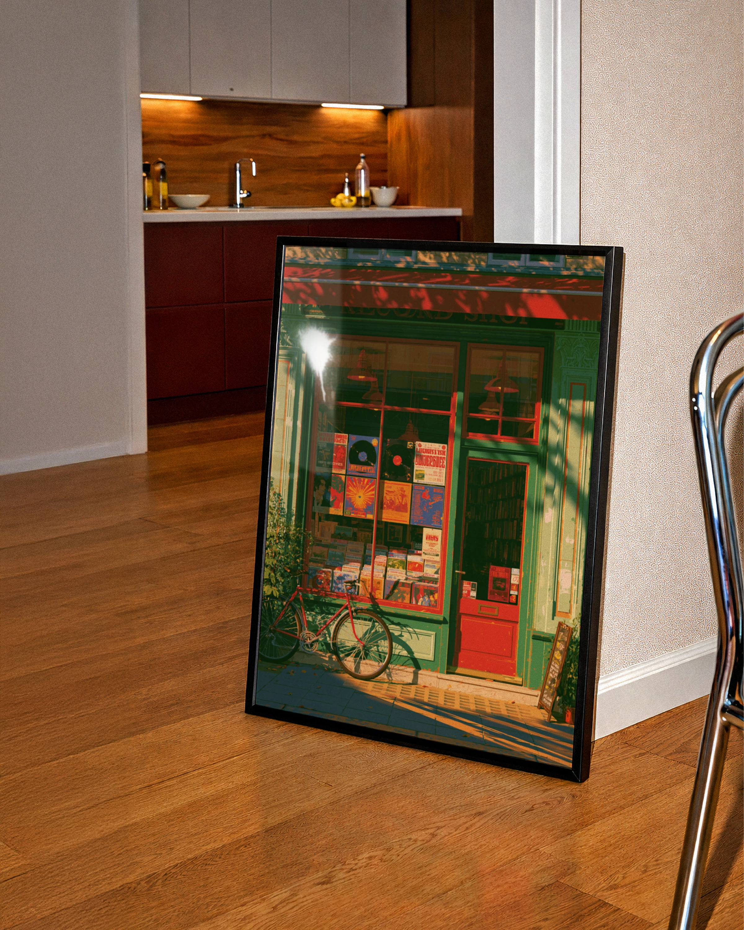Record Store Poster, Vinyl Shop Street Scene, Retro Music Wall Art