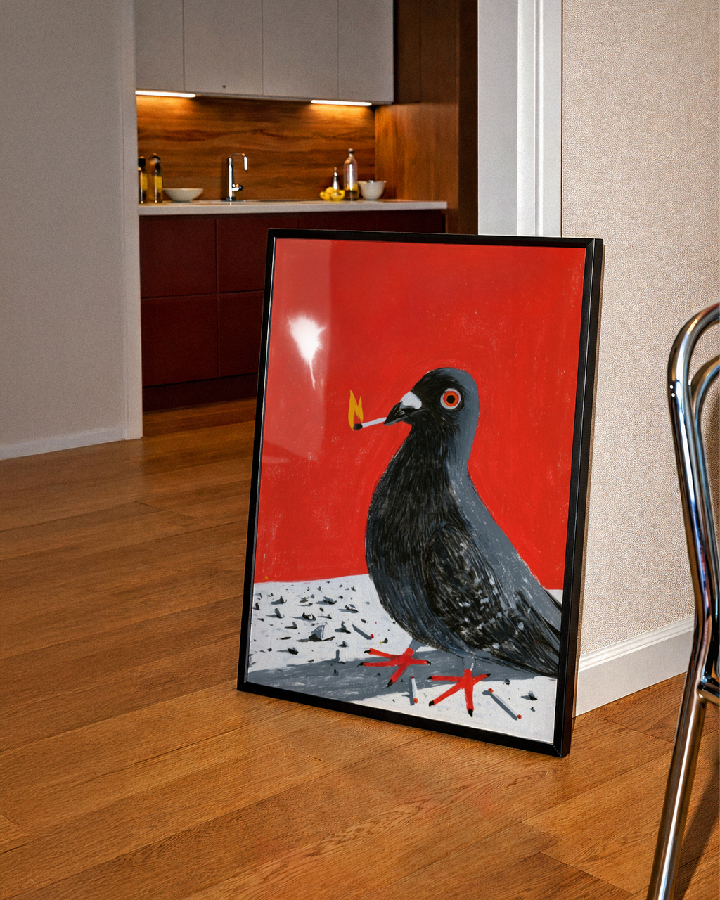 Pigeon with Match Poster, Bold Red Wall Art, Urban Bird Print