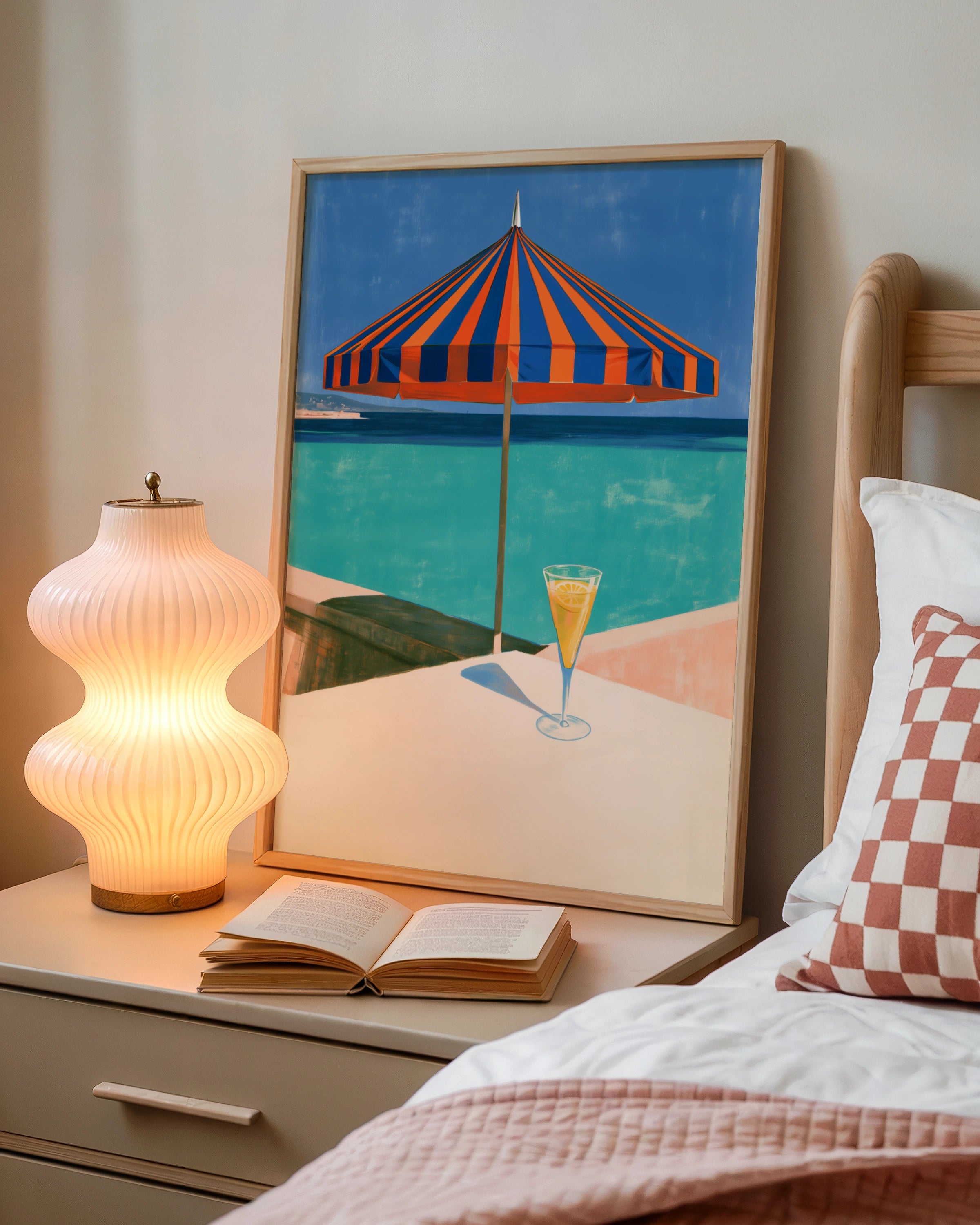 Beach Parasol Cocktail Ocean View Poster, Striped Umbrella, Retro Summer Print