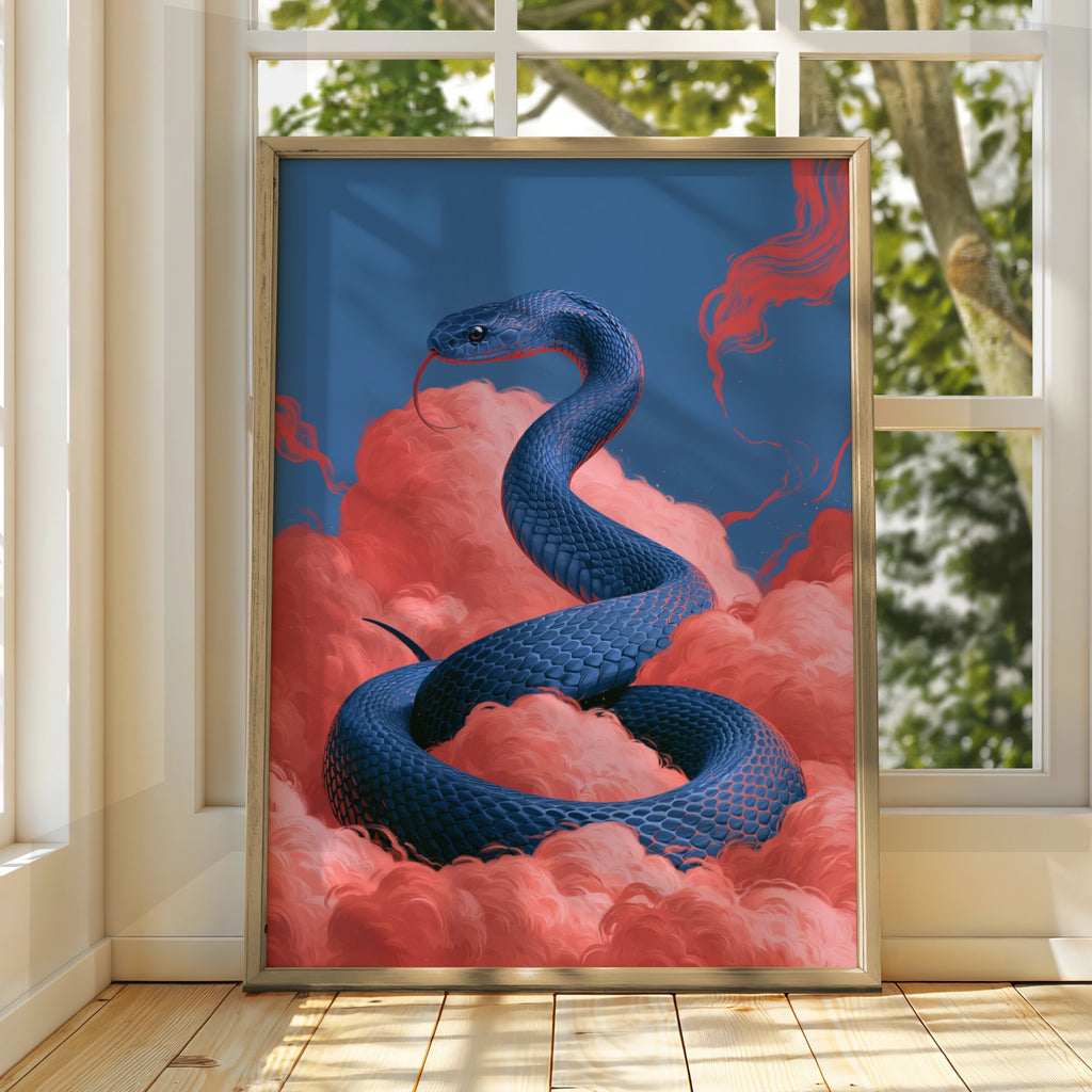 Blue Snake Pink Clouds Poster, Surreal Serpent Wall Art, Bold Colour Print