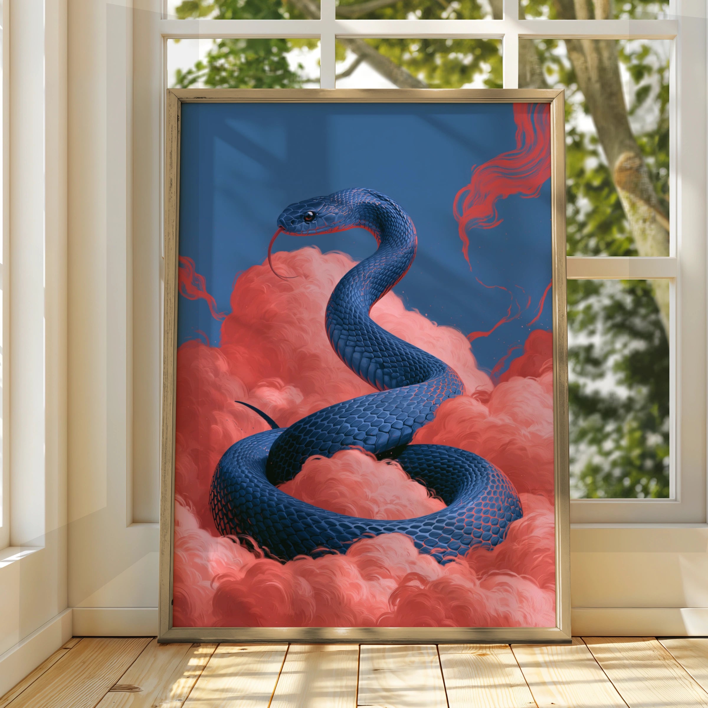 Blue Snake Pink Clouds Poster, Surreal Serpent Wall Art, Bold Colour Print