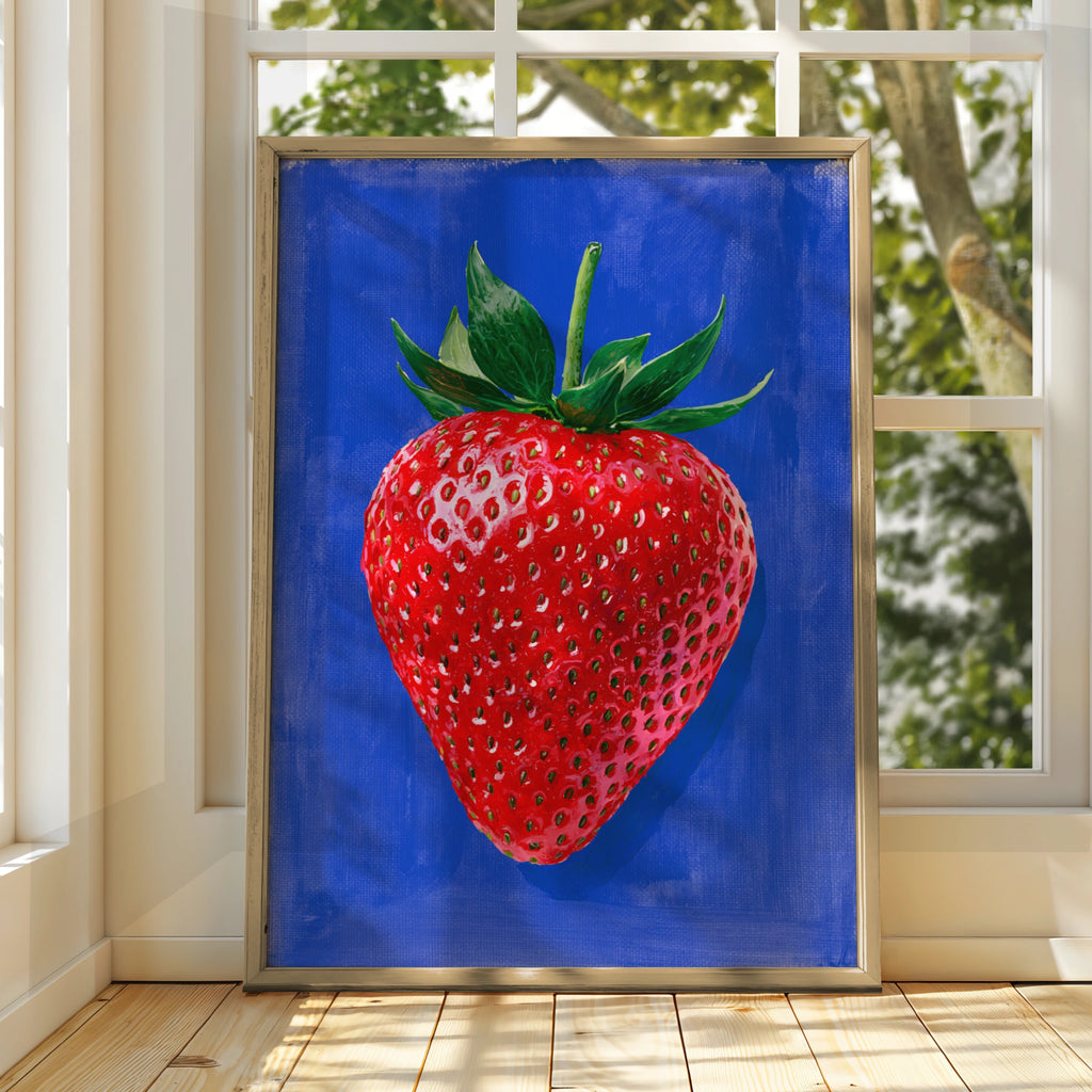 Strawberry Blue Background Poster, Bold Fruit Wall Art, Kitchen Print