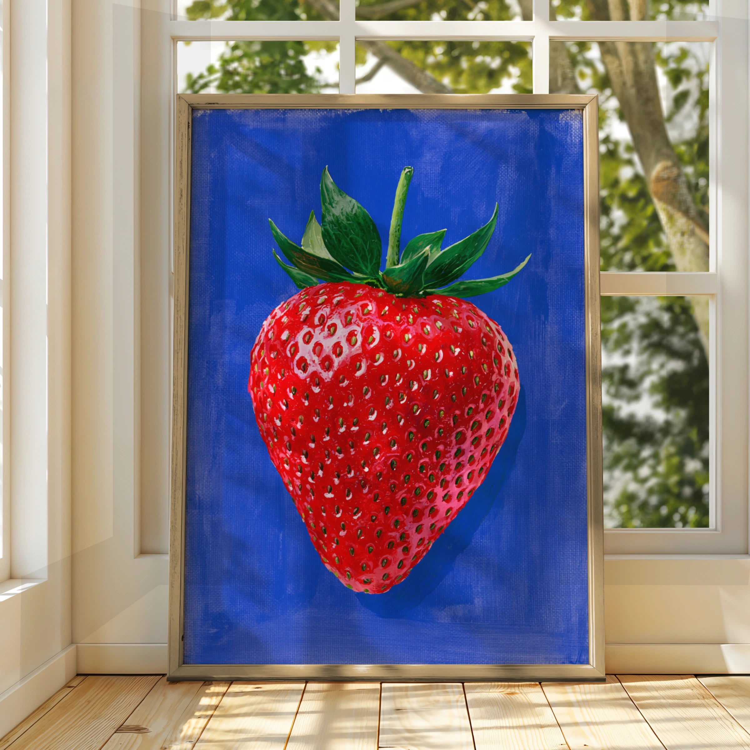 Strawberry Blue Background Poster, Bold Fruit Wall Art, Kitchen Print
