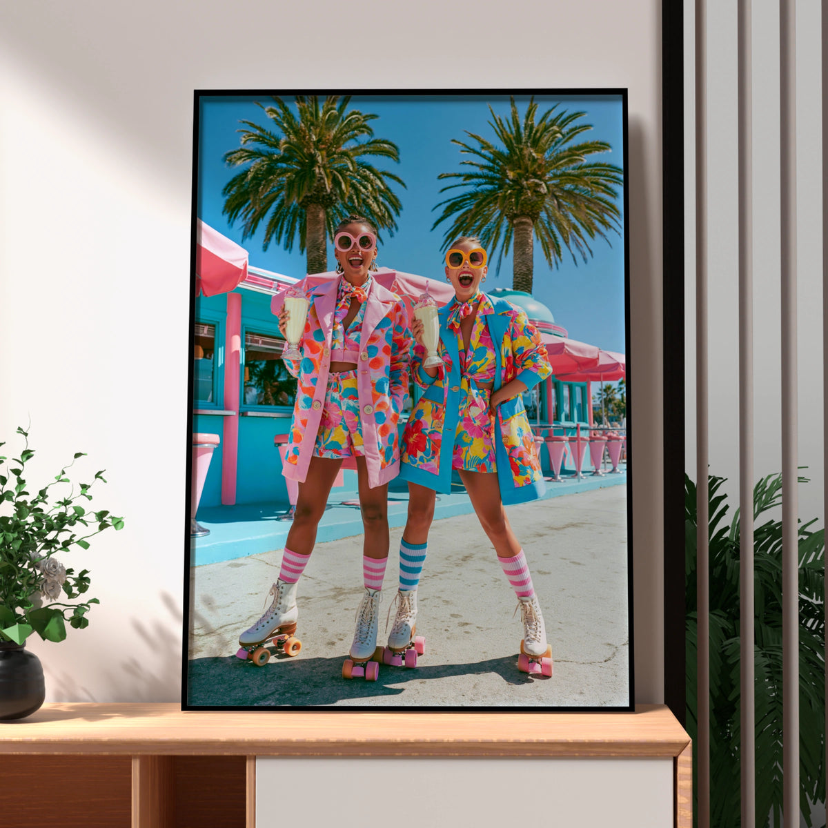 Roller Skating Women Retro Diner Poster, Colourful 80s Style Wall Art Print