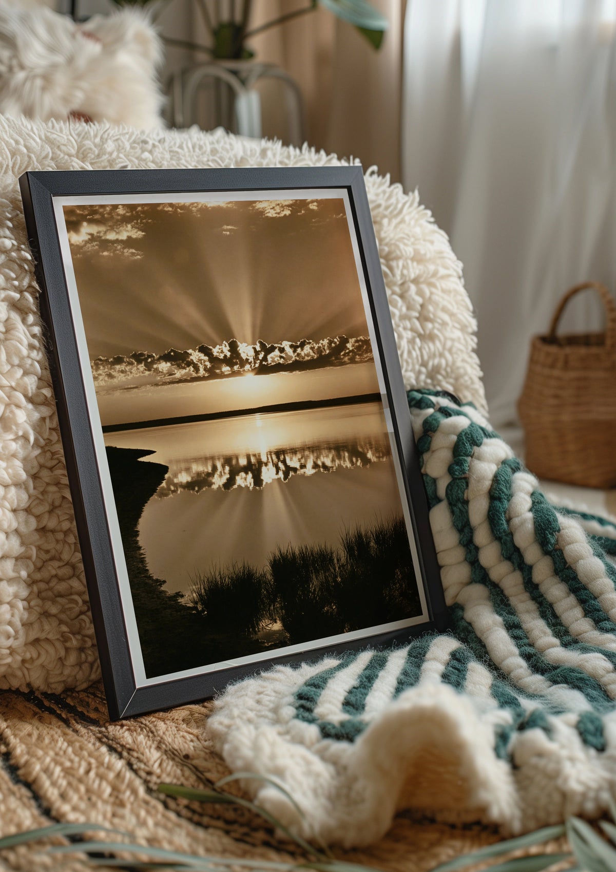 Sepia Sunrise Lake Reflection Poster, Sun Rays Sky, Vintage Nature Print