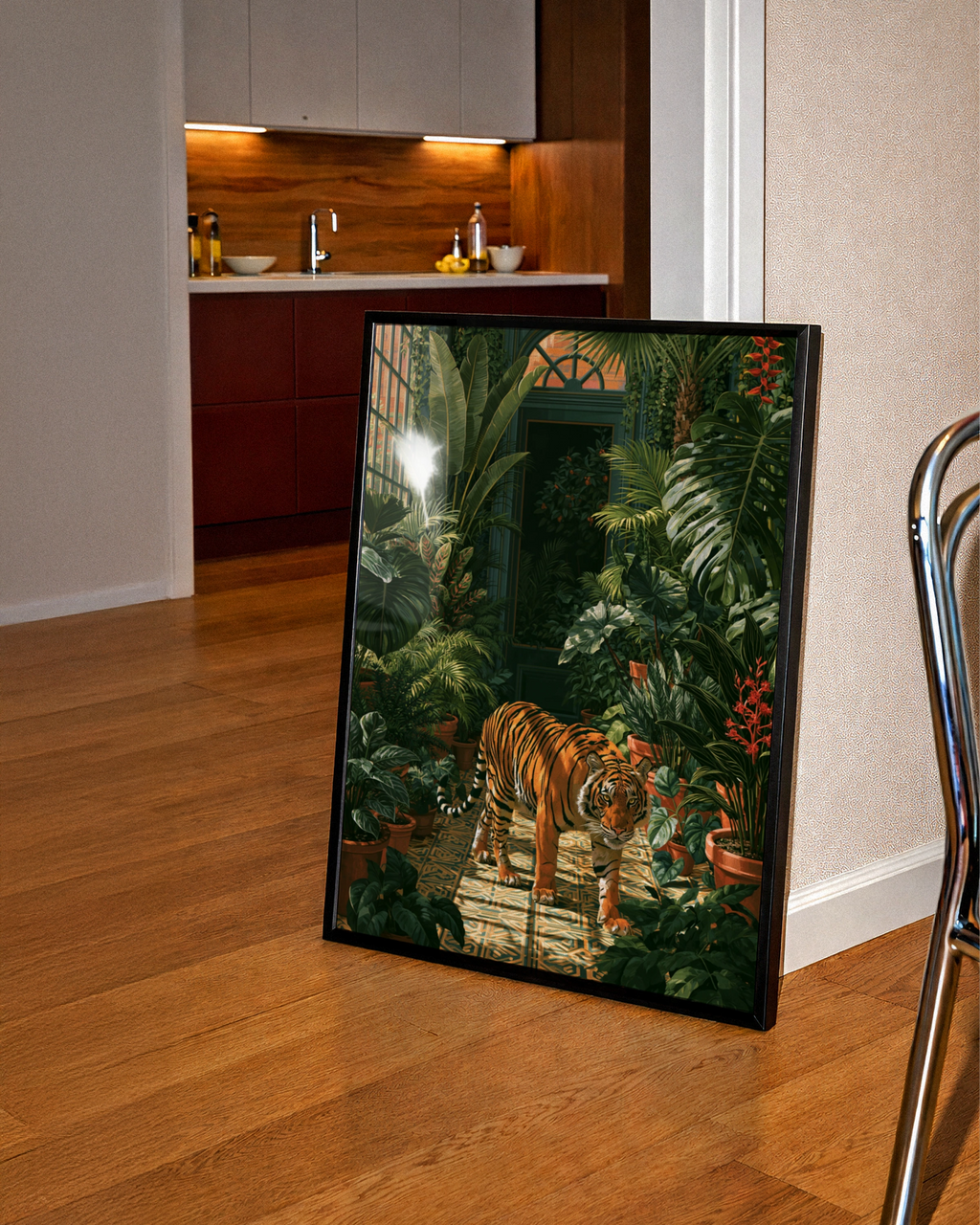 Tiger in Greenhouse Poster, Tropical Botanical Wall Art, Jungle Print