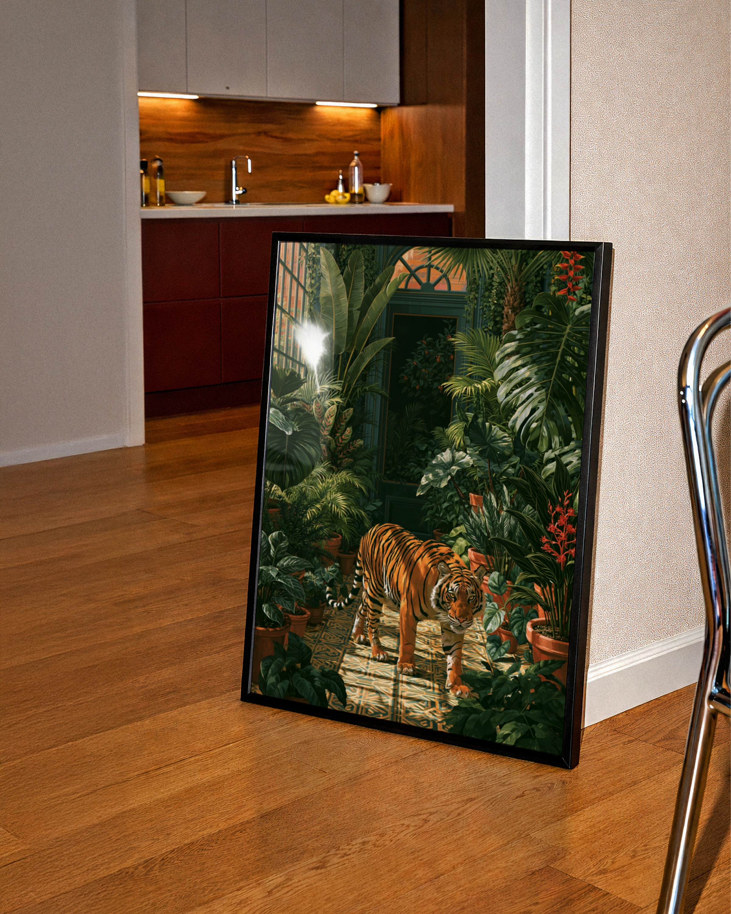 Tiger in Greenhouse Poster, Tropical Botanical Wall Art, Jungle Print