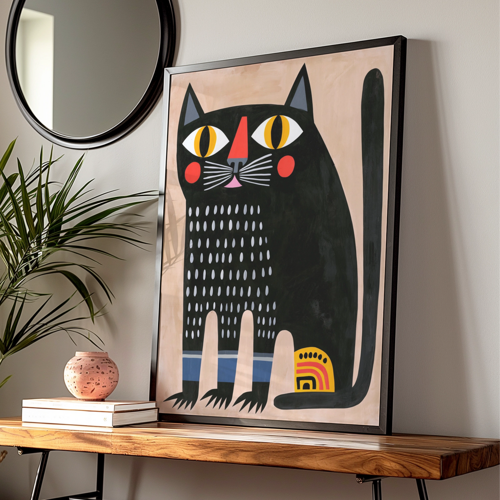 Abstract Black Cat Poster, Bold Folk Art Print, Colourful Modern Wall Art