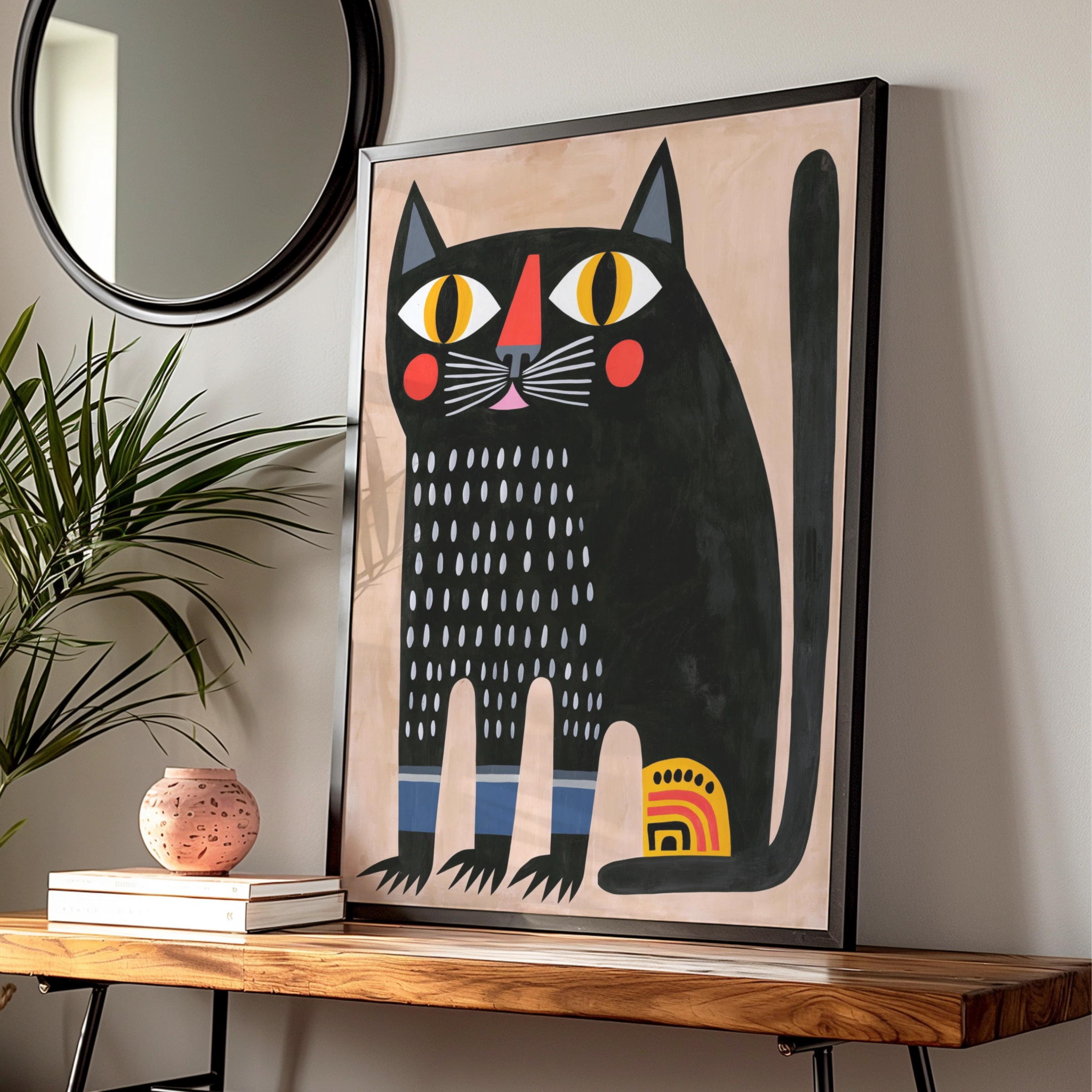 Abstract Black Cat Poster, Bold Folk Art Print, Colourful Modern Wall Art