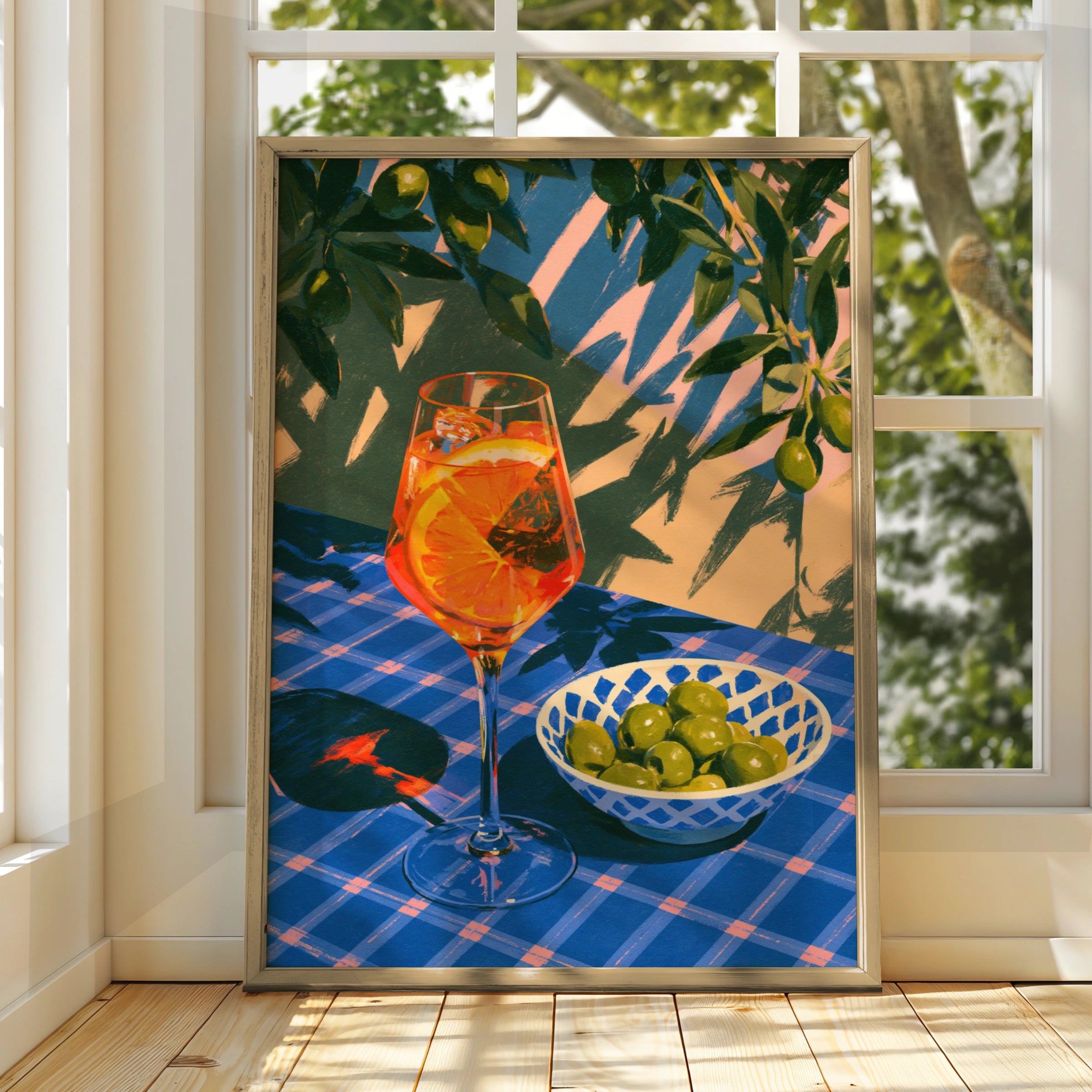 Spritz & Olives Poster, Italian Summer Cocktail Wall Art, Blue Bold Print