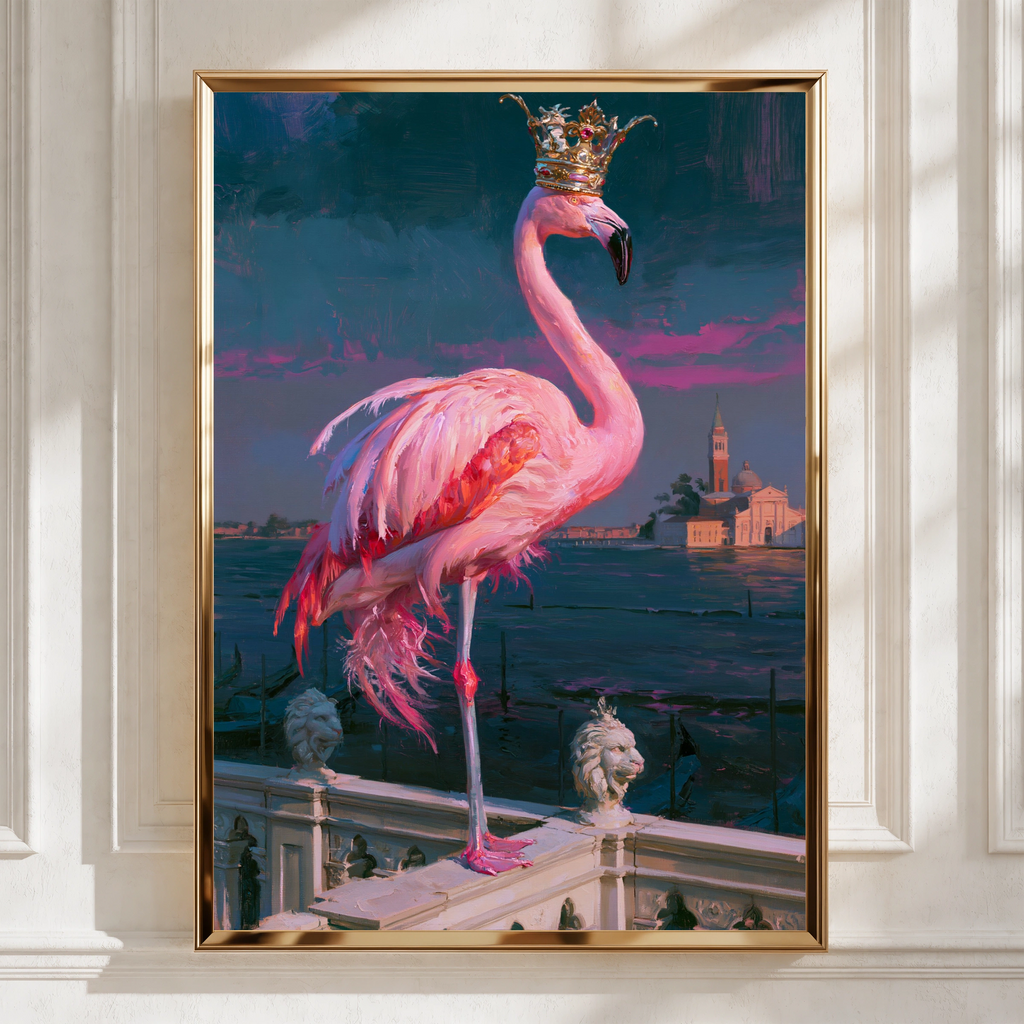 Royal Flamingo Venice Poster, Pink Bird Crown Wall Art, Oil Painting Style Print