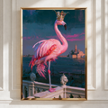 Royal Flamingo Venice Poster, Pink Bird Crown Wall Art, Oil Painting Style Print