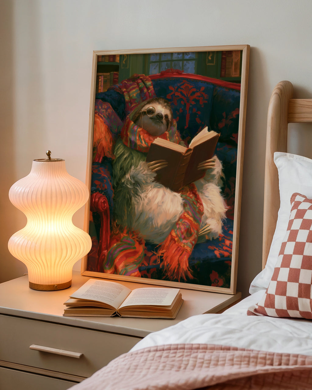 Reading Sloth Wall Art Poster, Cosy Library Print, Whimsical Animal Art