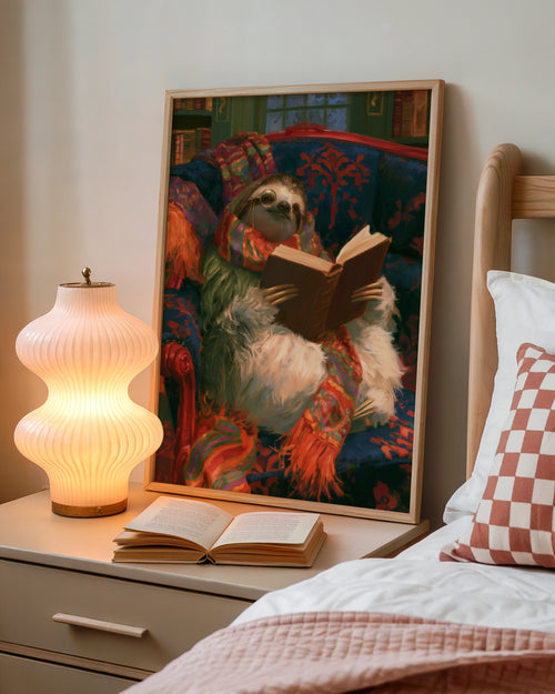 Reading Sloth Wall Art Poster, Cosy Library Print, Whimsical Animal Art