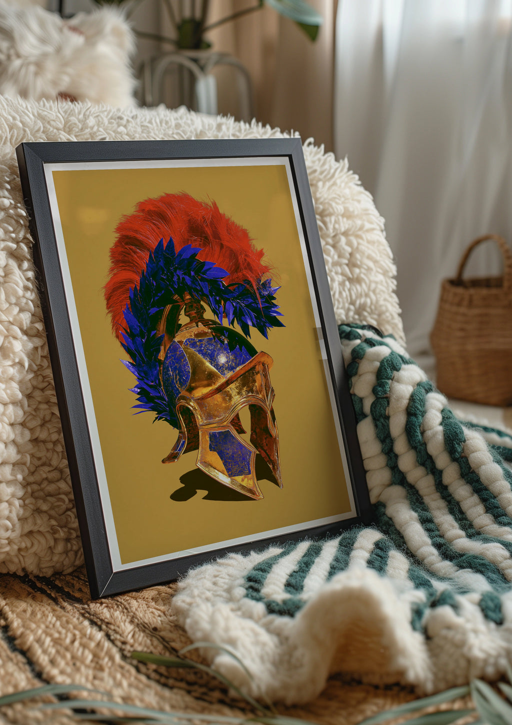 Greek Helmet Poster, Ancient Spartan Warrior Art, Bold Gold Blue Red Print